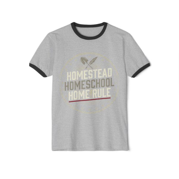 Heather grey ringer T-shirt printed Homestead Homeschool Home Rule.
