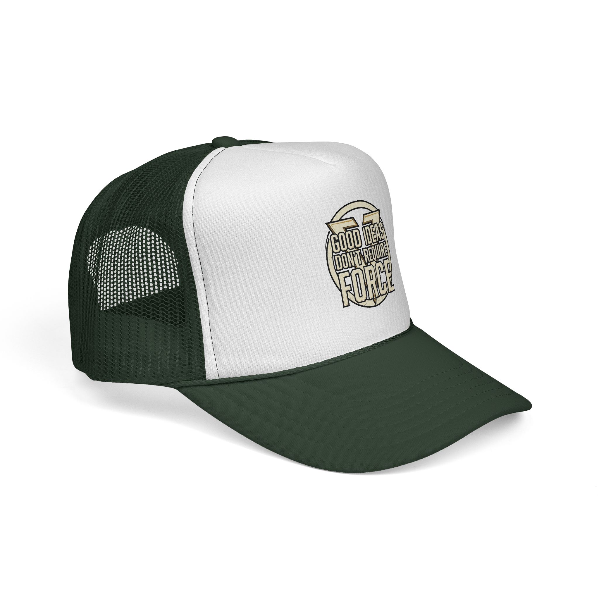 Trucker Cap — "Good Ideas Don't Require Force" Embroidered Mesh Hat - Image 6