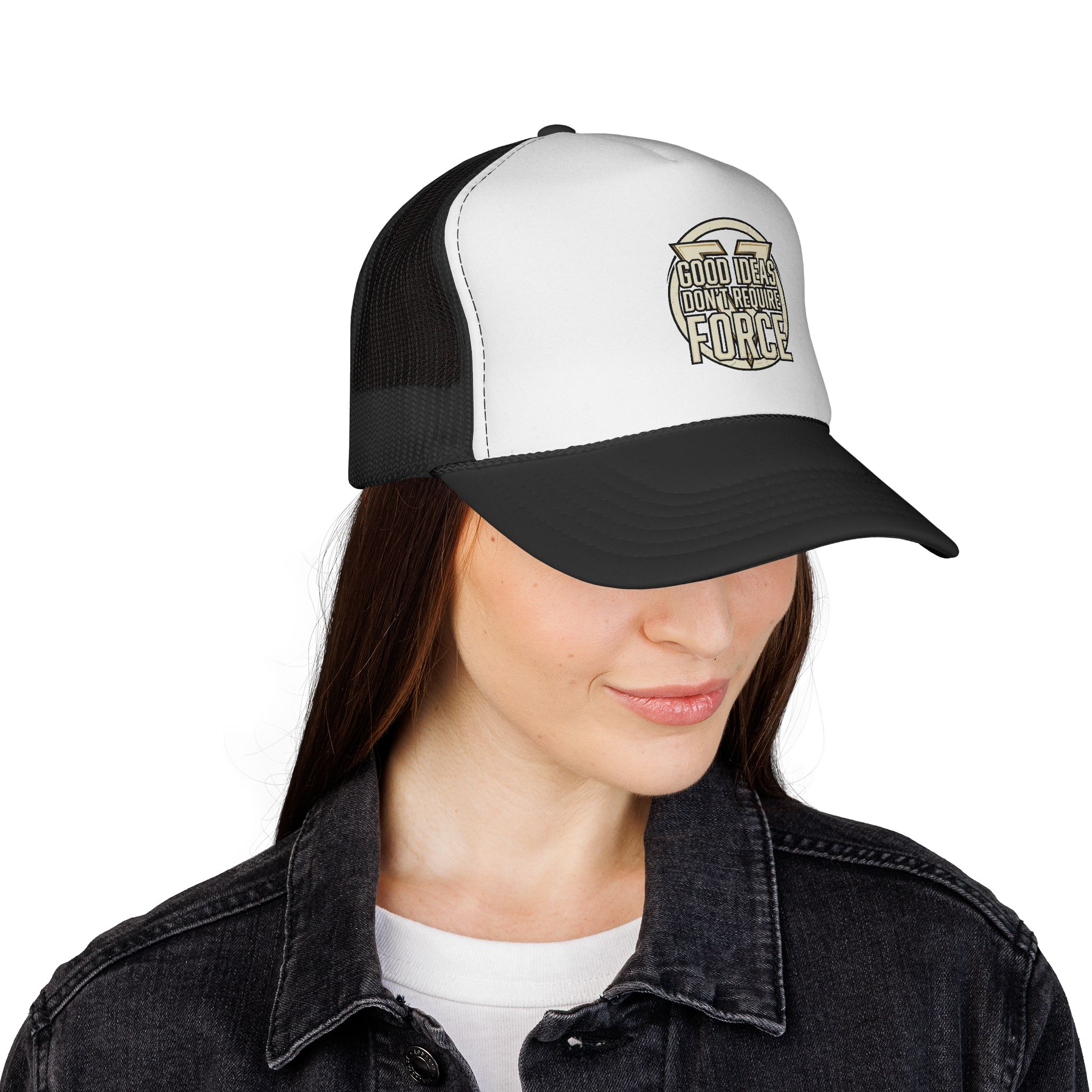 Trucker Cap — "Good Ideas Don't Require Force" Embroidered Mesh Hat - Image 4