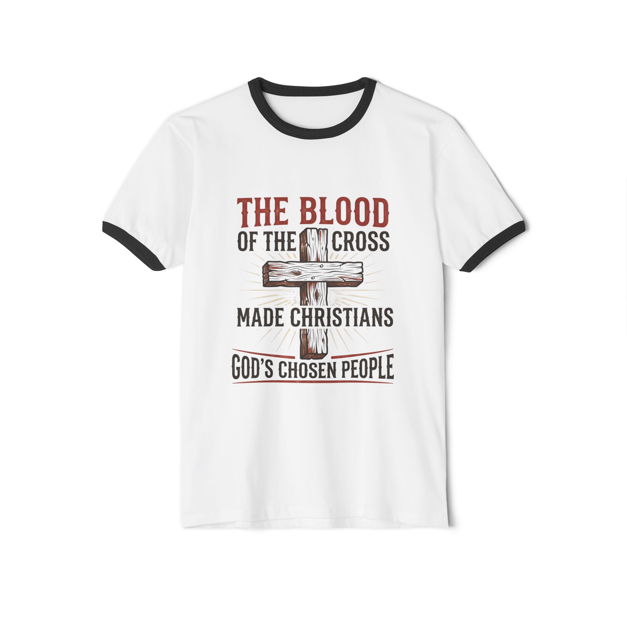 Christian Cross Ringer T‑Shirt — “The Blood of the Cross Made Christians” Inspirational Faith Tee