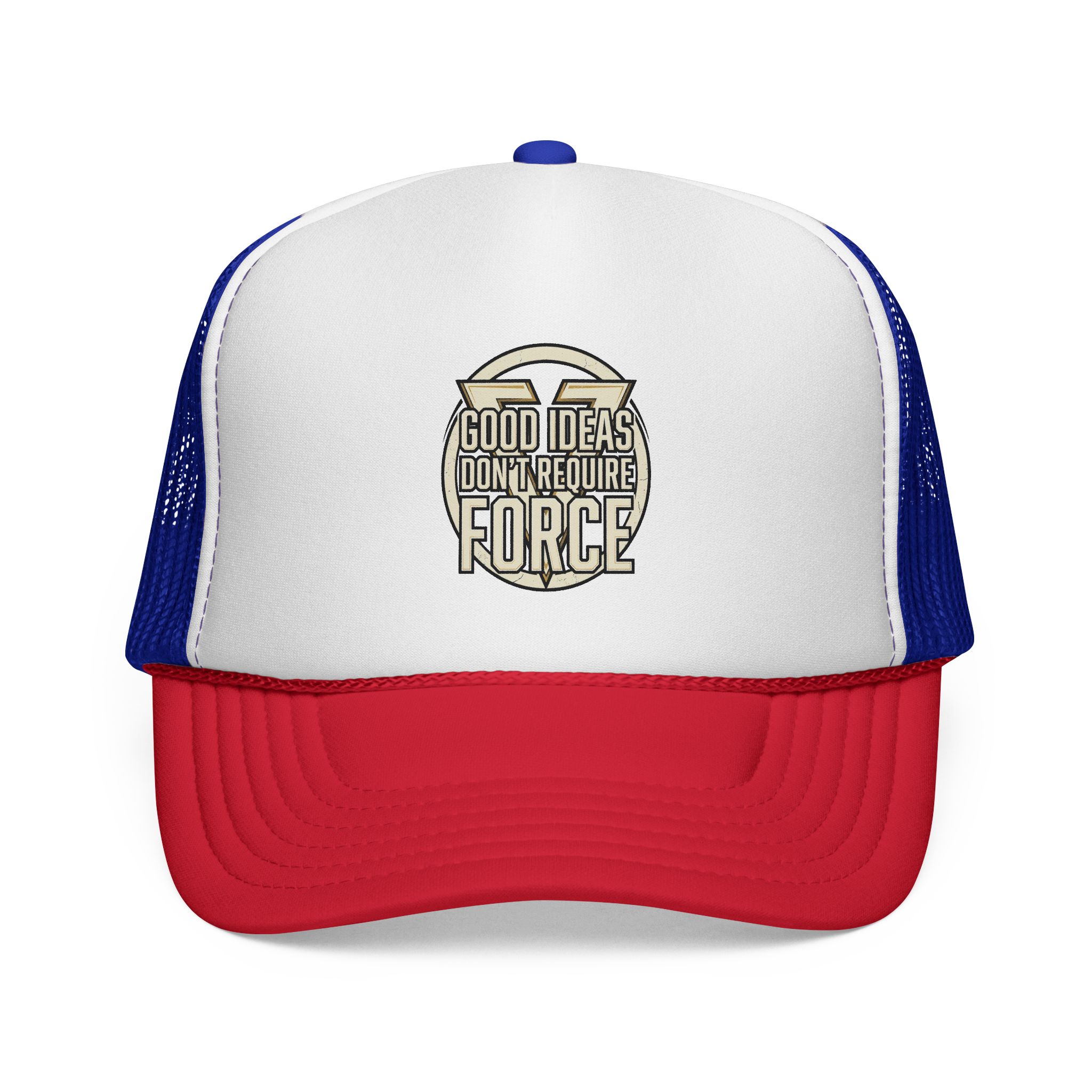 Trucker Cap — "Good Ideas Don't Require Force" Embroidered Mesh Hat - Image 17