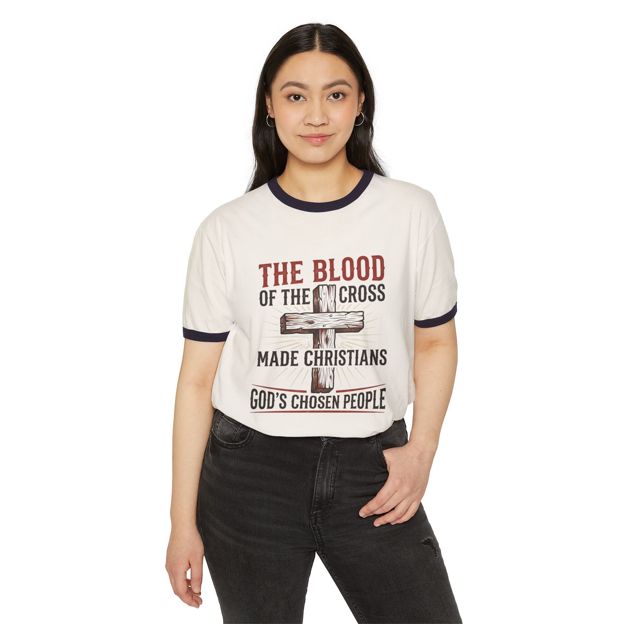 Christian Cross Ringer T‑Shirt — “The Blood of the Cross Made Christians” Inspirational Faith Tee - Image 7