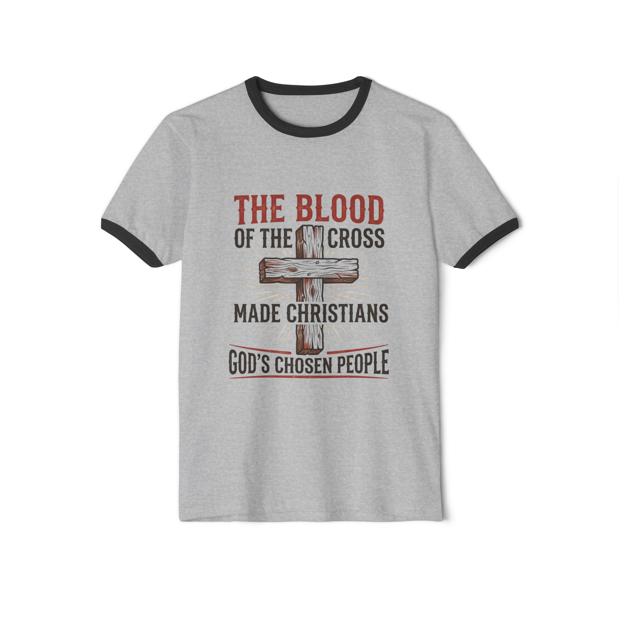 Christian Cross Ringer T‑Shirt — “The Blood of the Cross Made Christians” Inspirational Faith Tee - Image 9