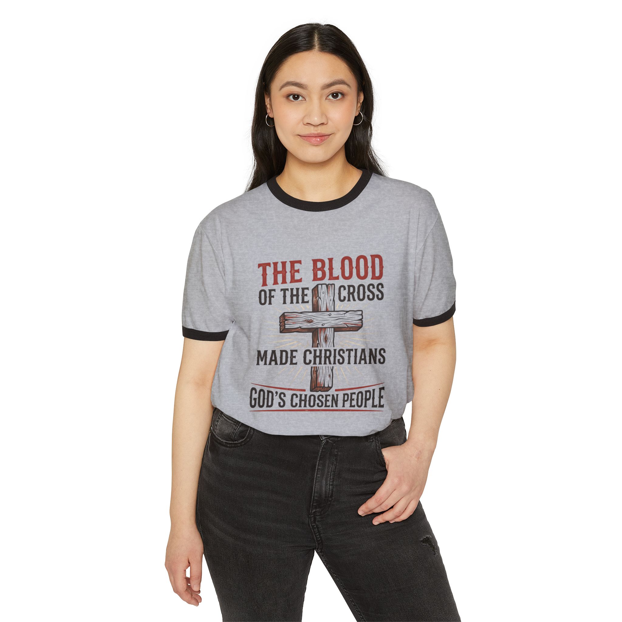 Christian Cross Ringer T‑Shirt — “The Blood of the Cross Made Christians” Inspirational Faith Tee - Image 11