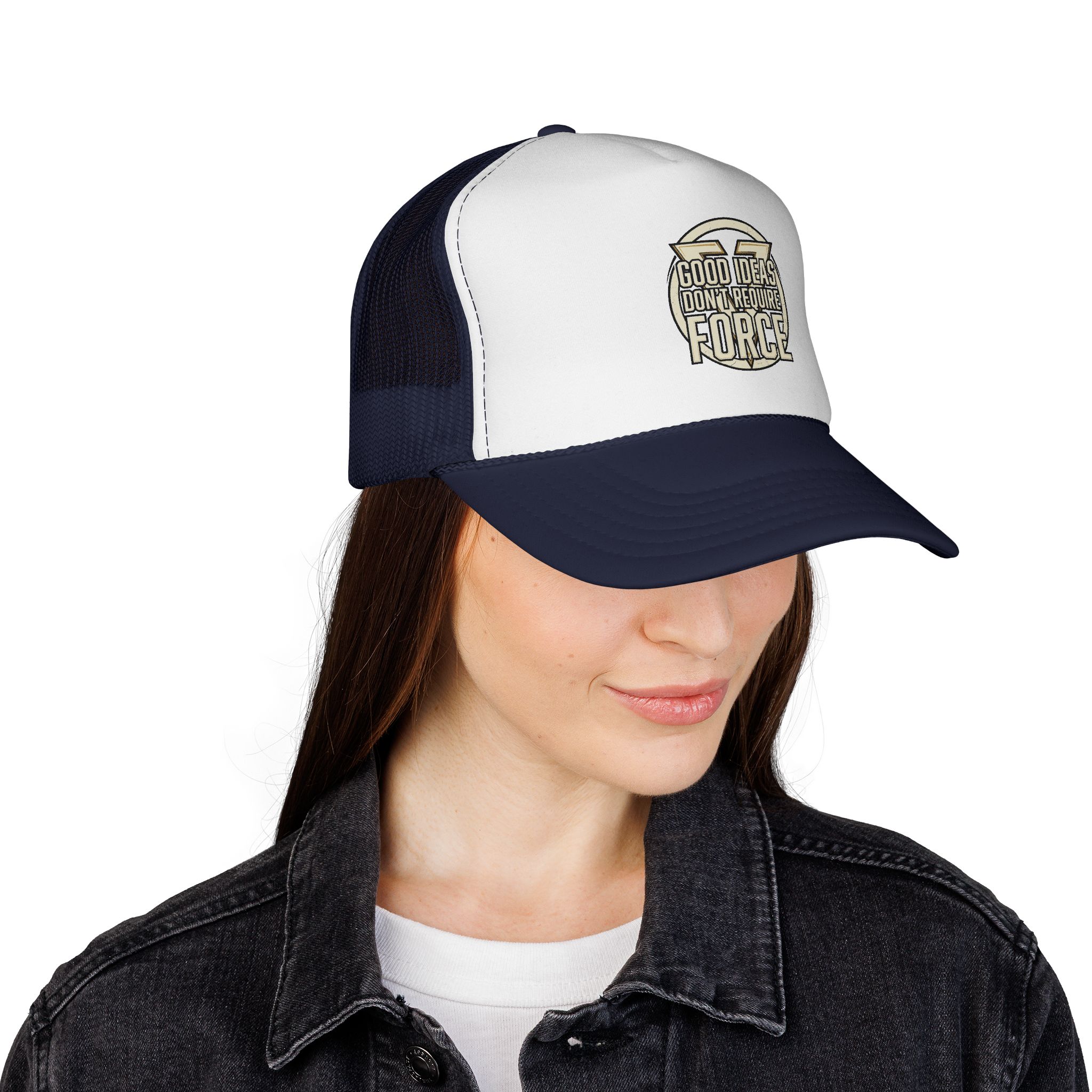 Trucker Cap — "Good Ideas Don't Require Force" Embroidered Mesh Hat - Image 12