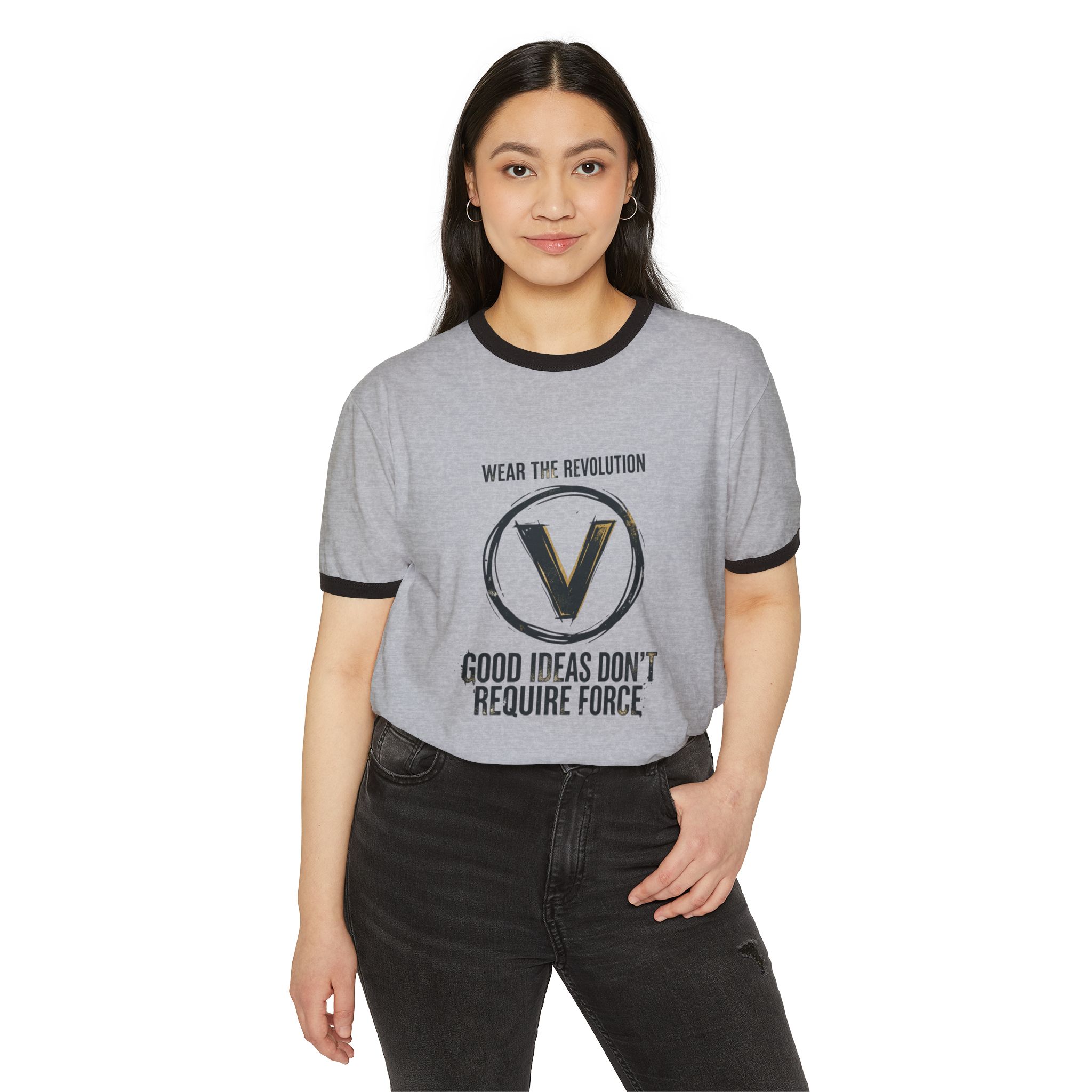 V for Revolution Ringer Tee — "Good Ideas Don't Require Force" Graphic T‑Shirt - Image 7