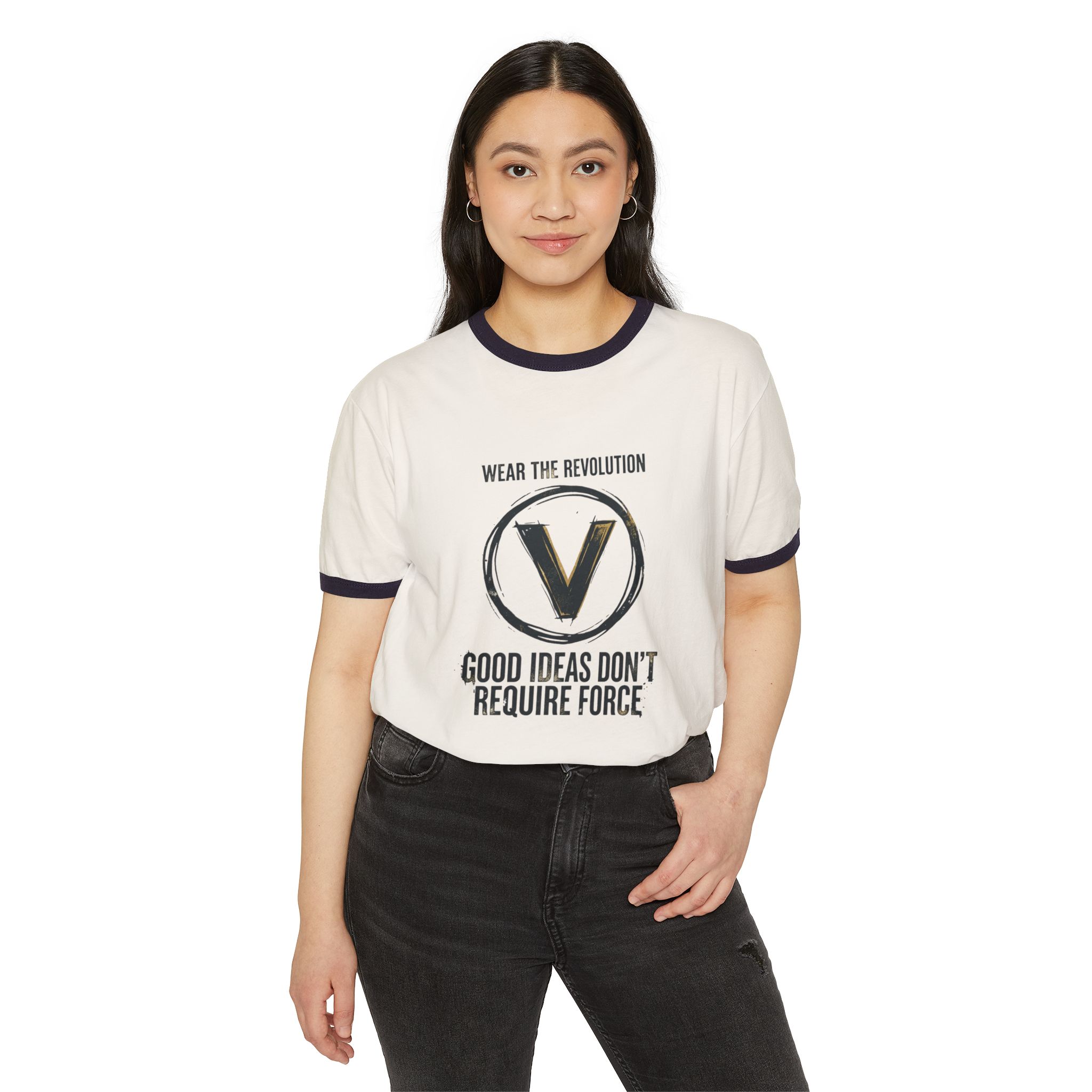 V for Revolution Ringer Tee — "Good Ideas Don't Require Force" Graphic T‑Shirt - Image 3