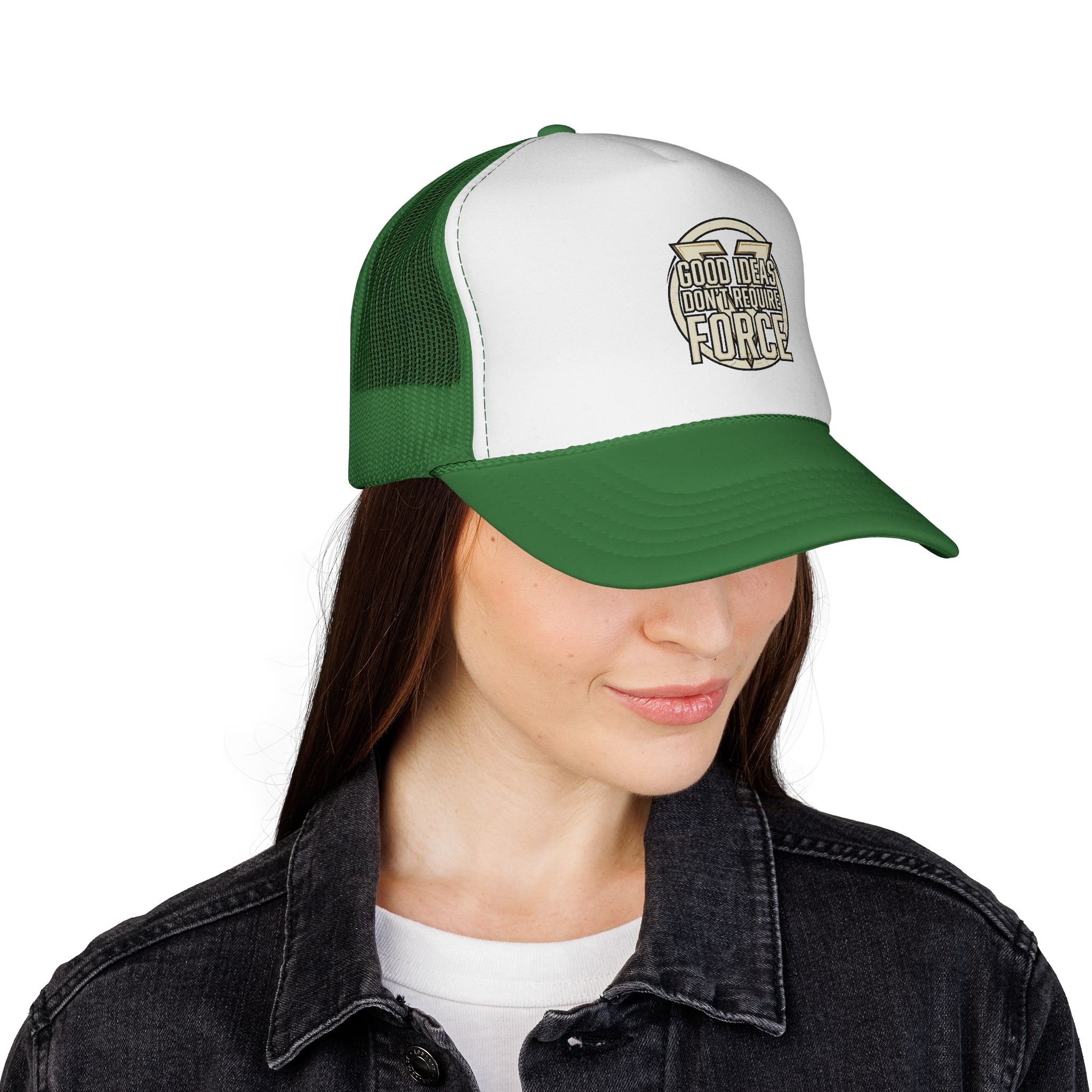 Trucker Cap — "Good Ideas Don't Require Force" Embroidered Mesh Hat - Image 24