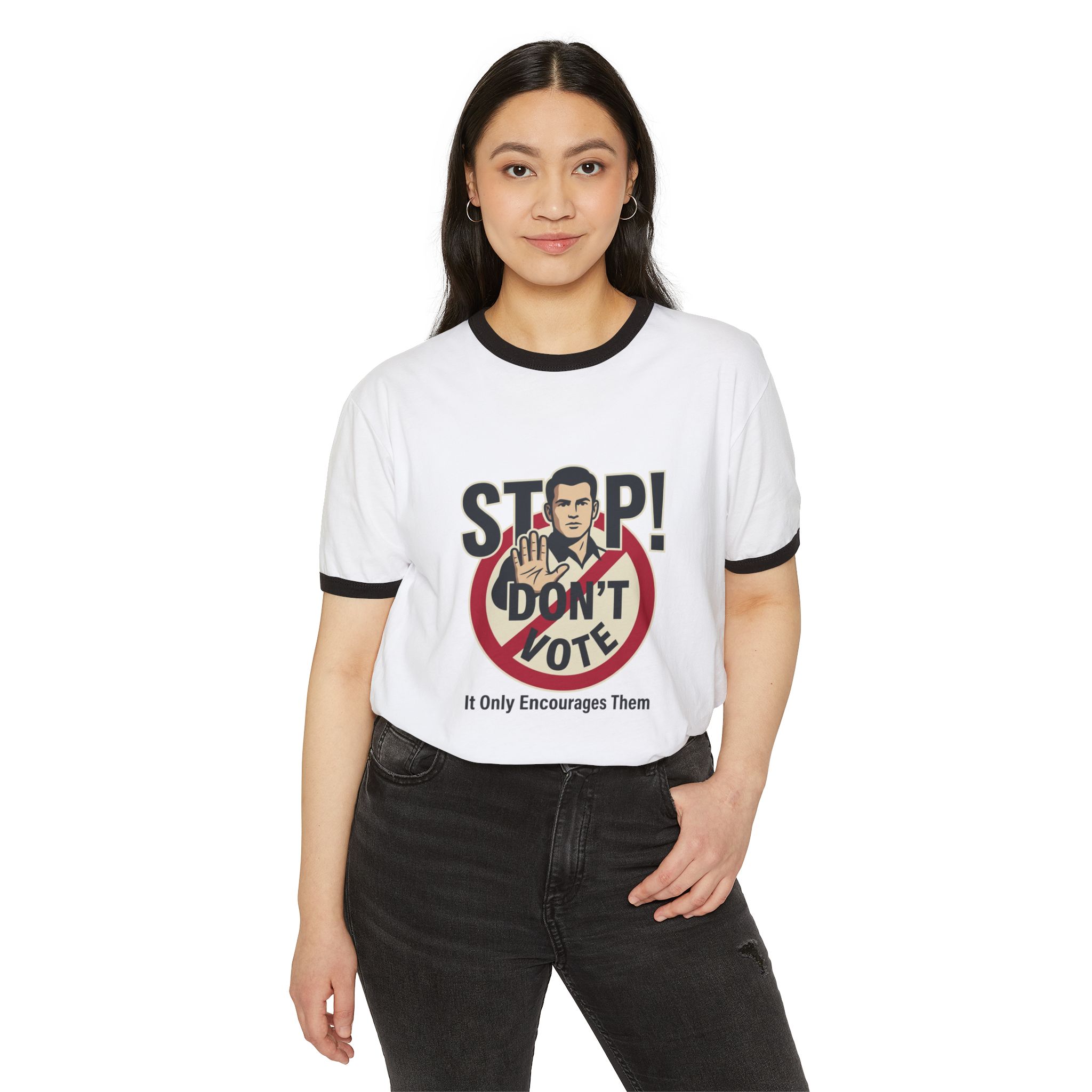 Anti-Voter Propaganda Ringer T-Shirt — "Stop! Don't Vote" Graphic - Image 15