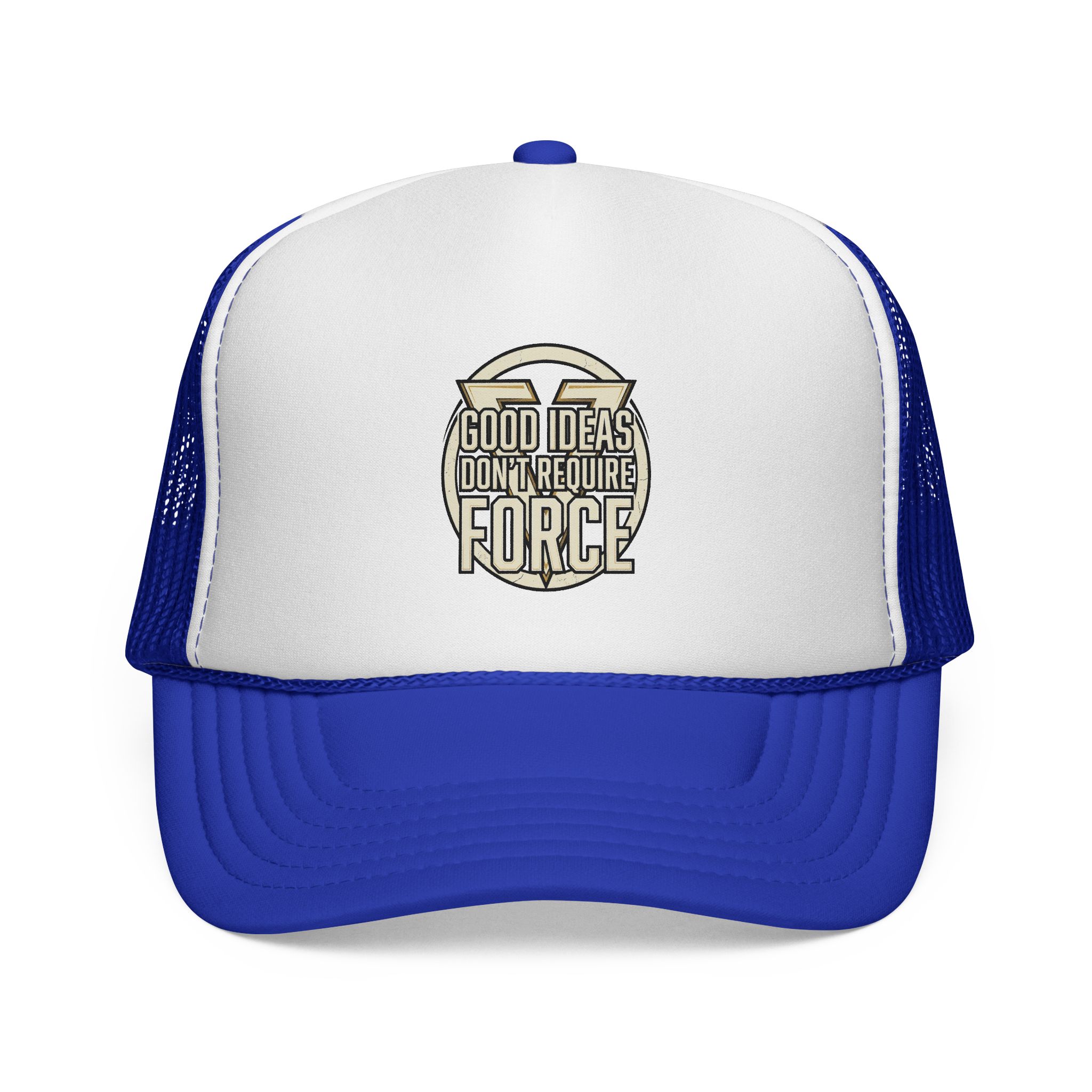 Trucker Cap — "Good Ideas Don't Require Force" Embroidered Mesh Hat - Image 13