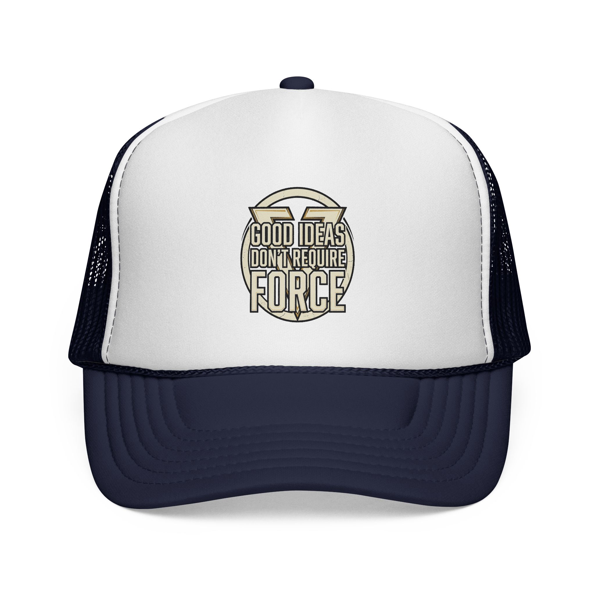 Trucker Cap — "Good Ideas Don't Require Force" Embroidered Mesh Hat - Image 9