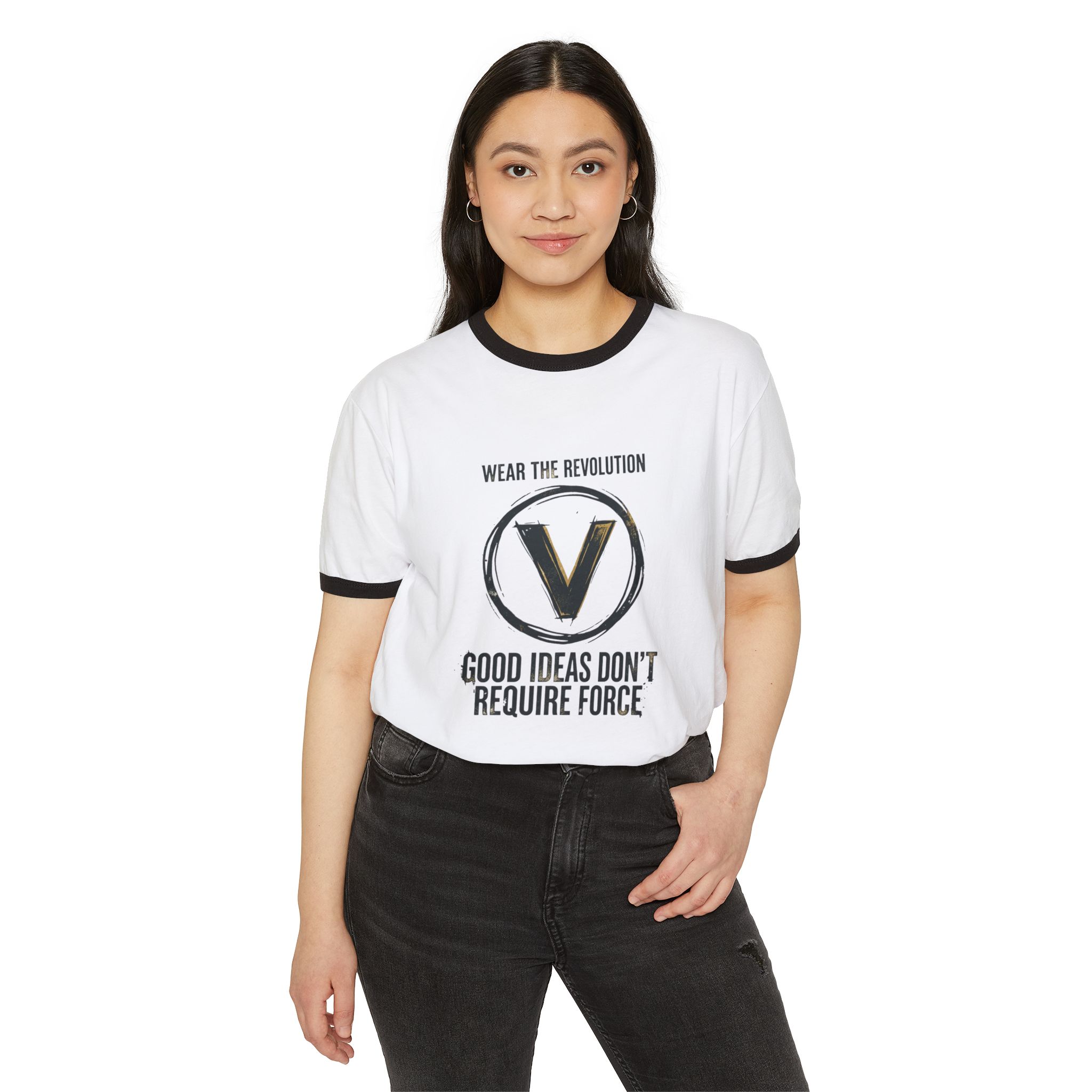 V for Revolution Ringer Tee — "Good Ideas Don't Require Force" Graphic T‑Shirt - Image 15
