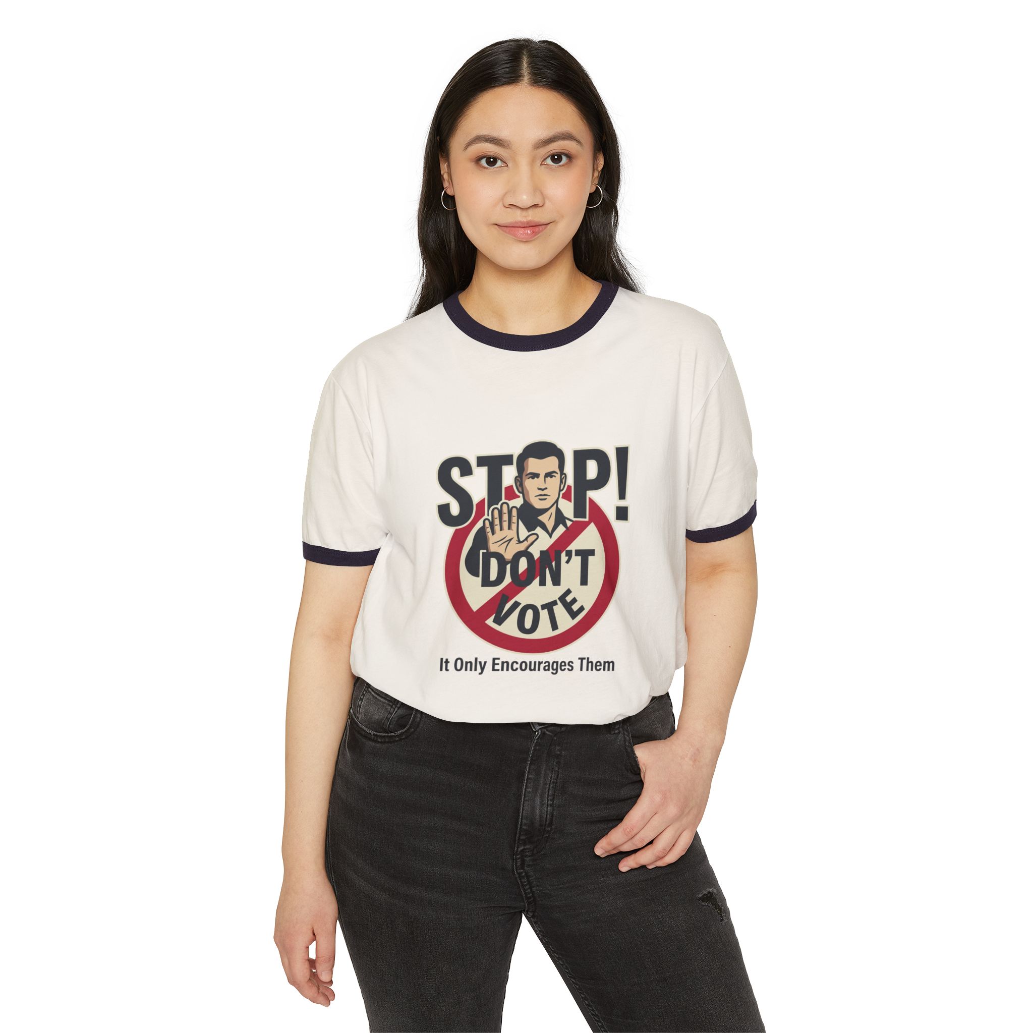 Anti-Voter Propaganda Ringer T-Shirt — "Stop! Don't Vote" Graphic - Image 3