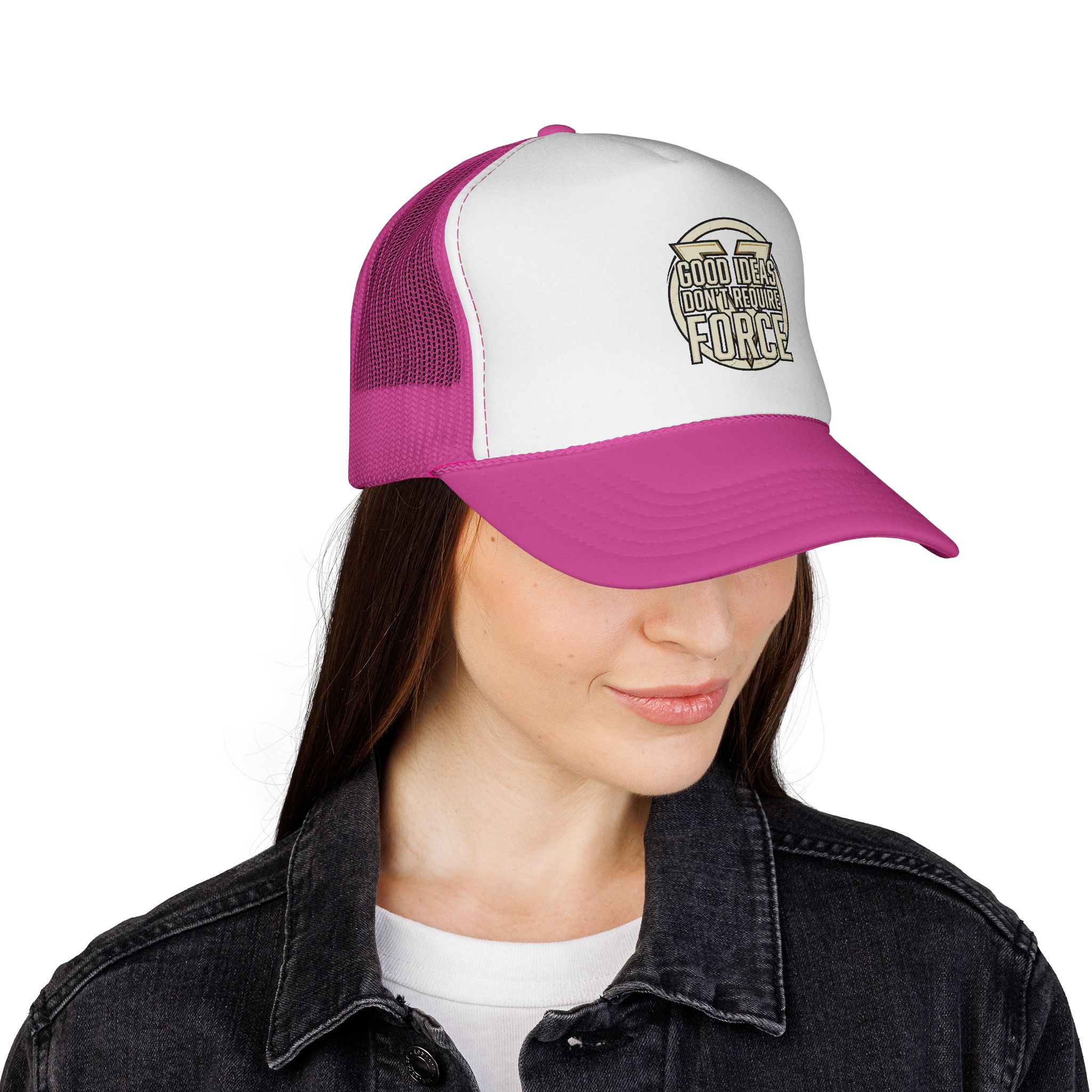 Trucker Cap — "Good Ideas Don't Require Force" Embroidered Mesh Hat - Image 28