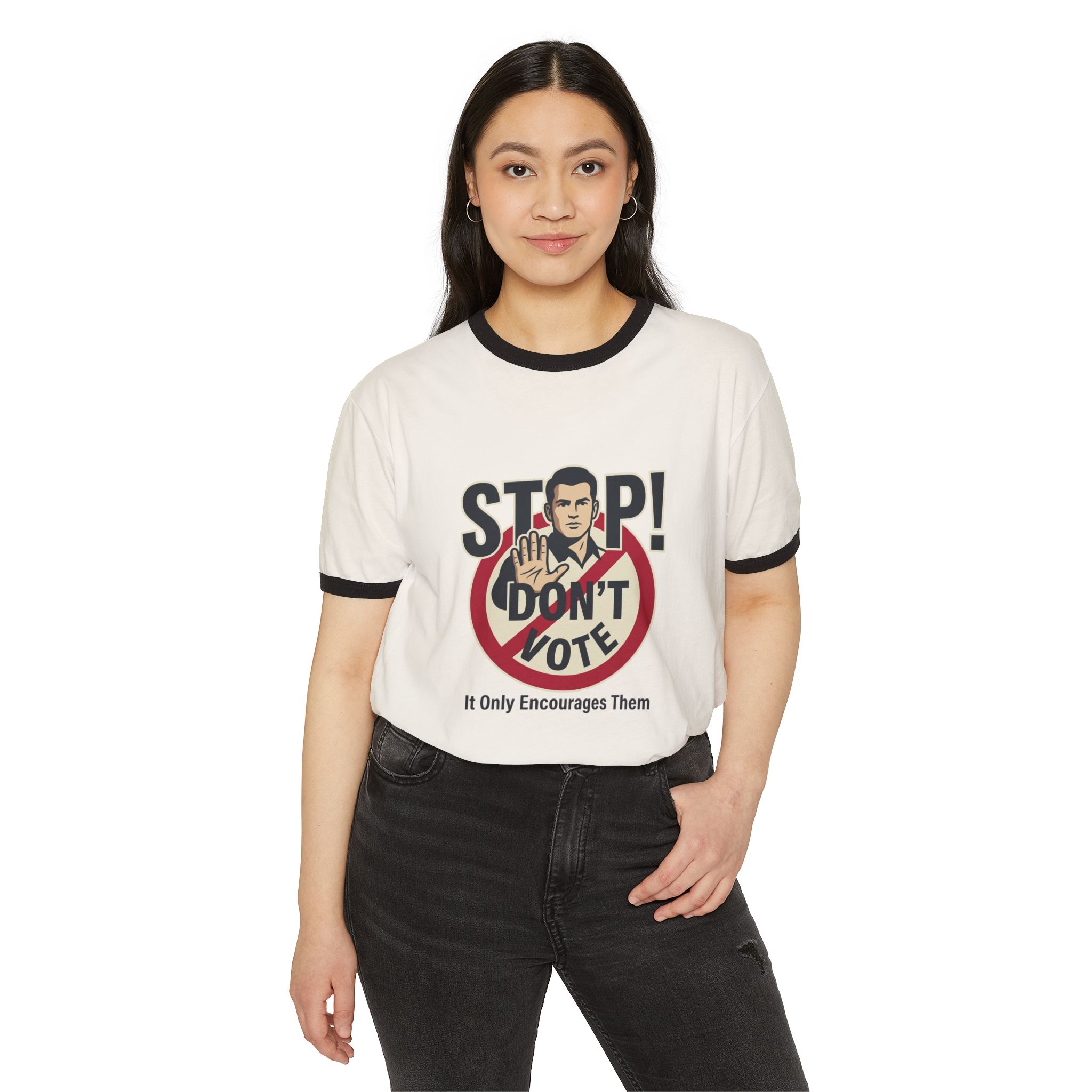 Anti-Voter Propaganda Ringer T-Shirt — "Stop! Don't Vote" Graphic - Image 11