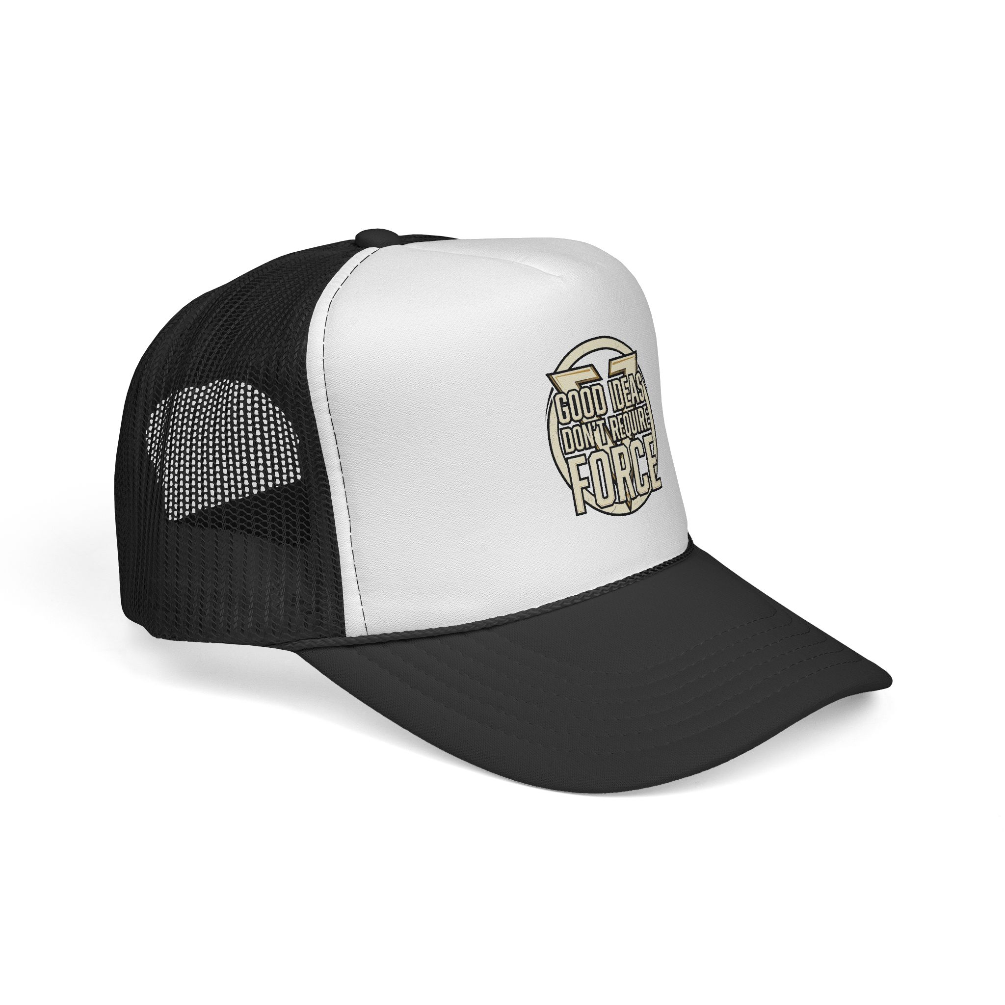 Trucker Cap — "Good Ideas Don't Require Force" Embroidered Mesh Hat - Image 2