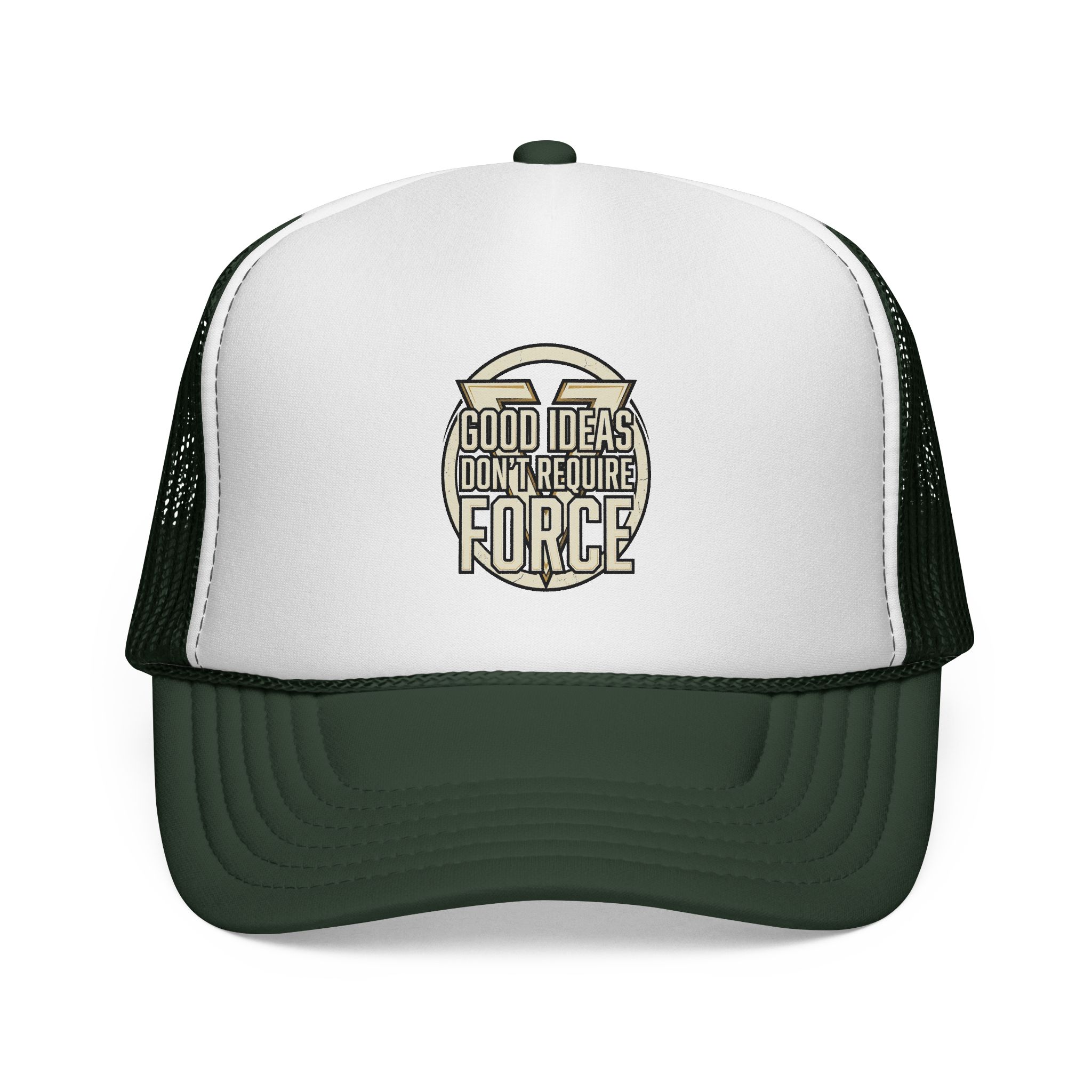 Trucker Cap — "Good Ideas Don't Require Force" Embroidered Mesh Hat - Image 5