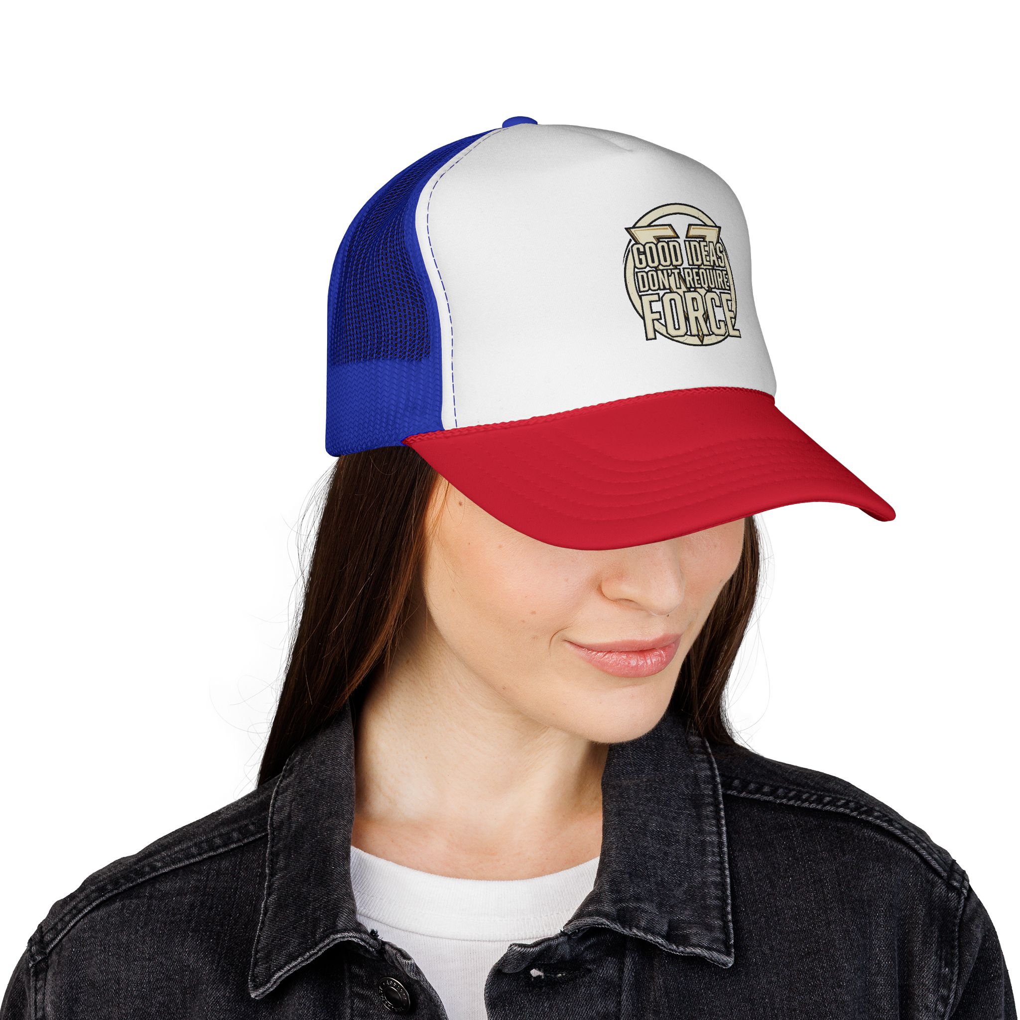 Trucker Cap — "Good Ideas Don't Require Force" Embroidered Mesh Hat - Image 20