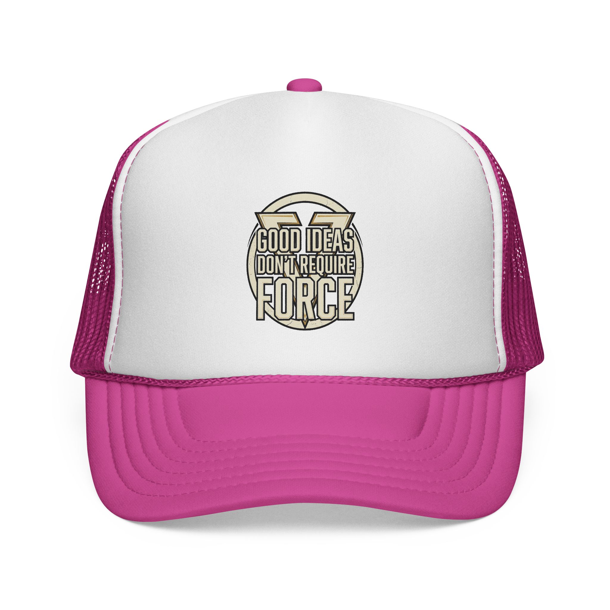 Trucker Cap — "Good Ideas Don't Require Force" Embroidered Mesh Hat - Image 25