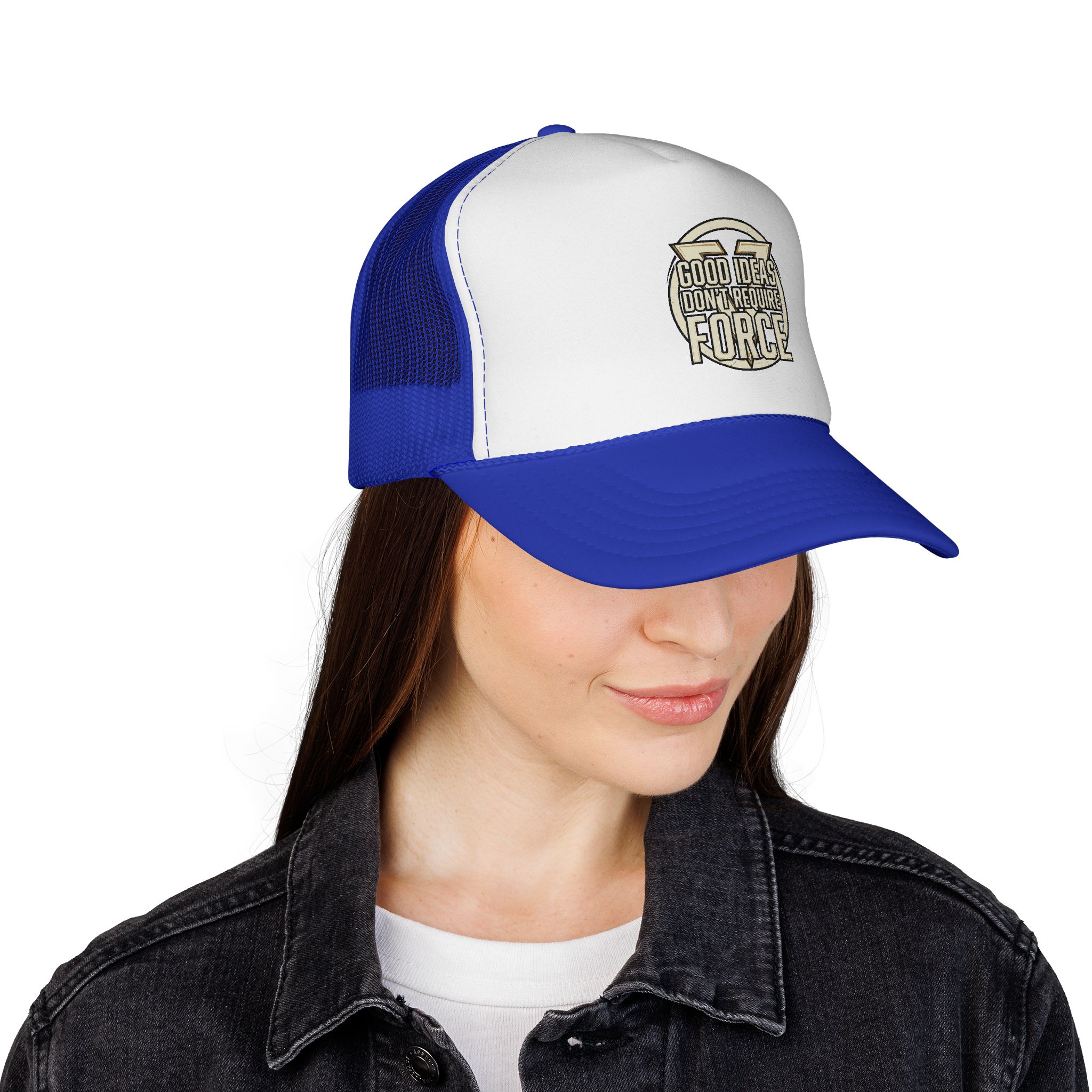 Trucker Cap — "Good Ideas Don't Require Force" Embroidered Mesh Hat - Image 16