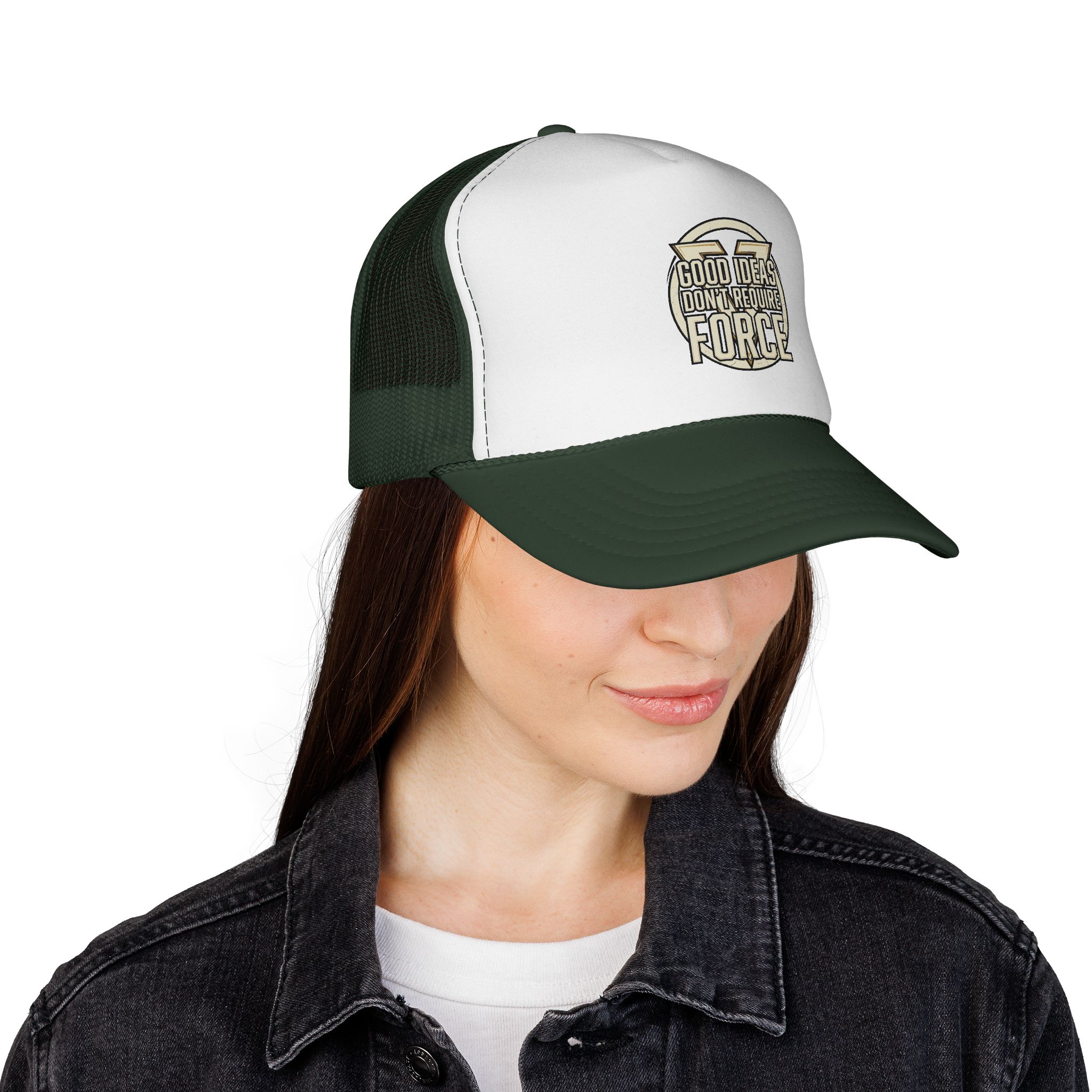 Trucker Cap — "Good Ideas Don't Require Force" Embroidered Mesh Hat - Image 8
