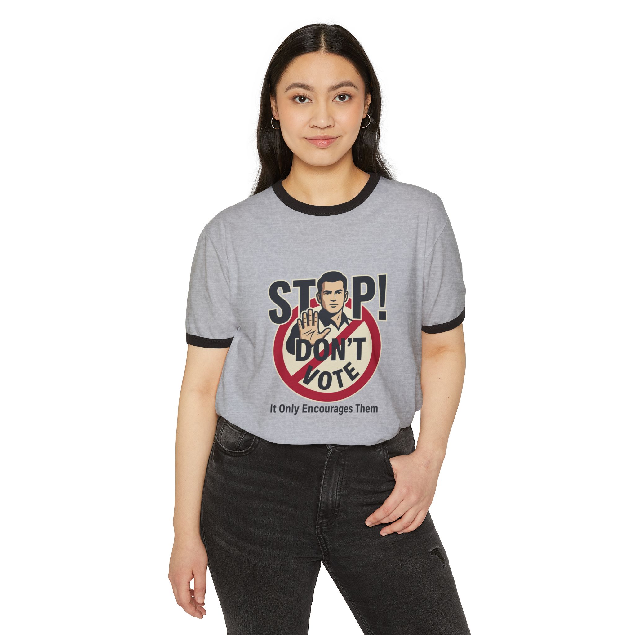 Anti-Voter Propaganda Ringer T-Shirt — "Stop! Don't Vote" Graphic - Image 7
