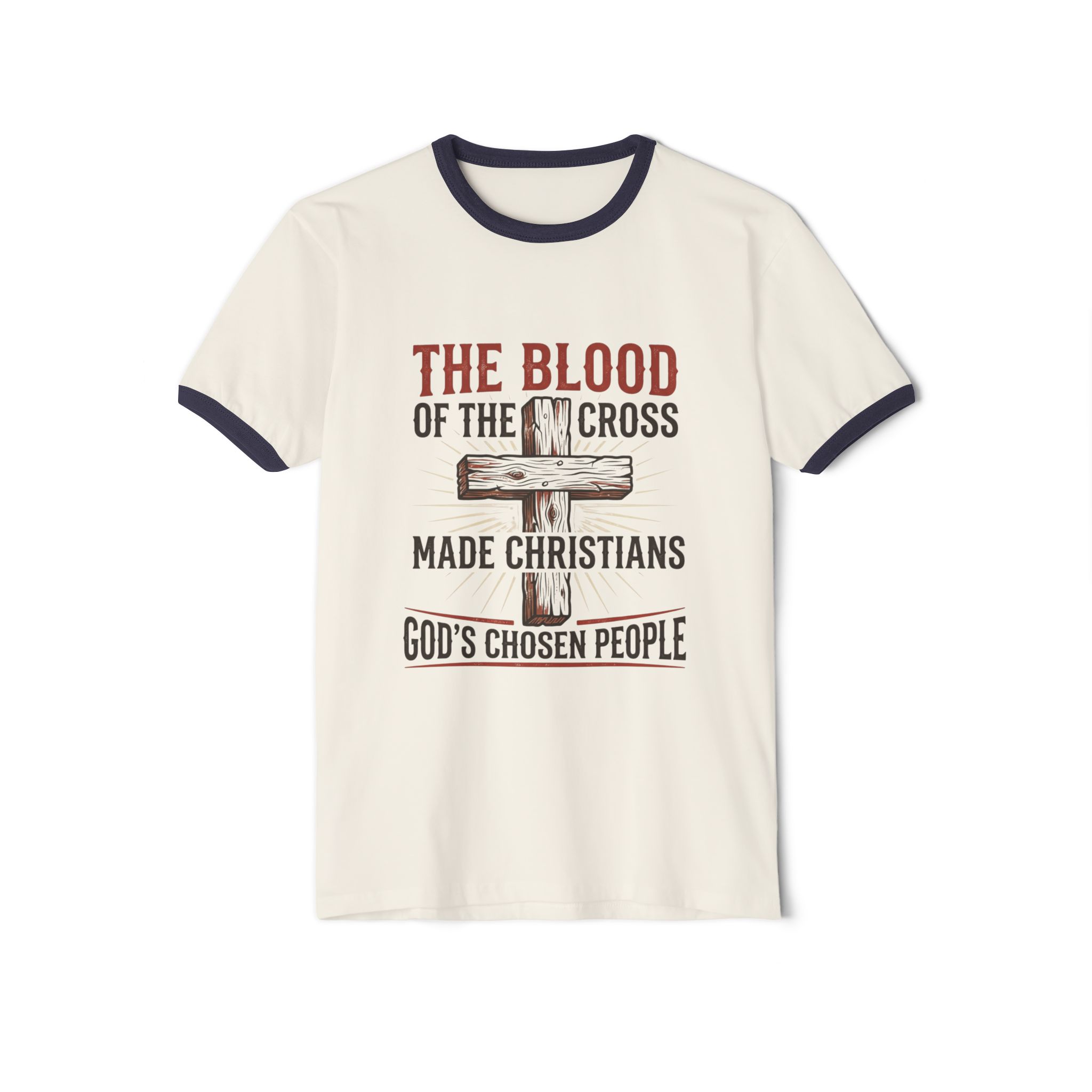 Christian Cross Ringer T‑Shirt — “The Blood of the Cross Made Christians” Inspirational Faith Tee - Image 5
