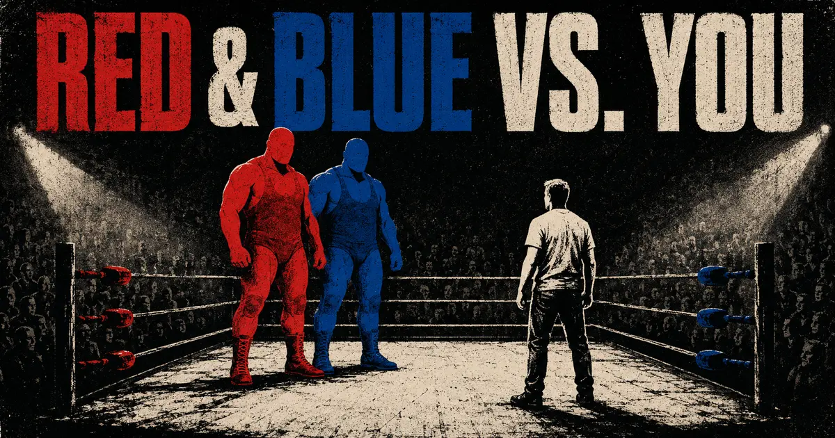 Red and blue political teams united against the individual in a wrestling ring