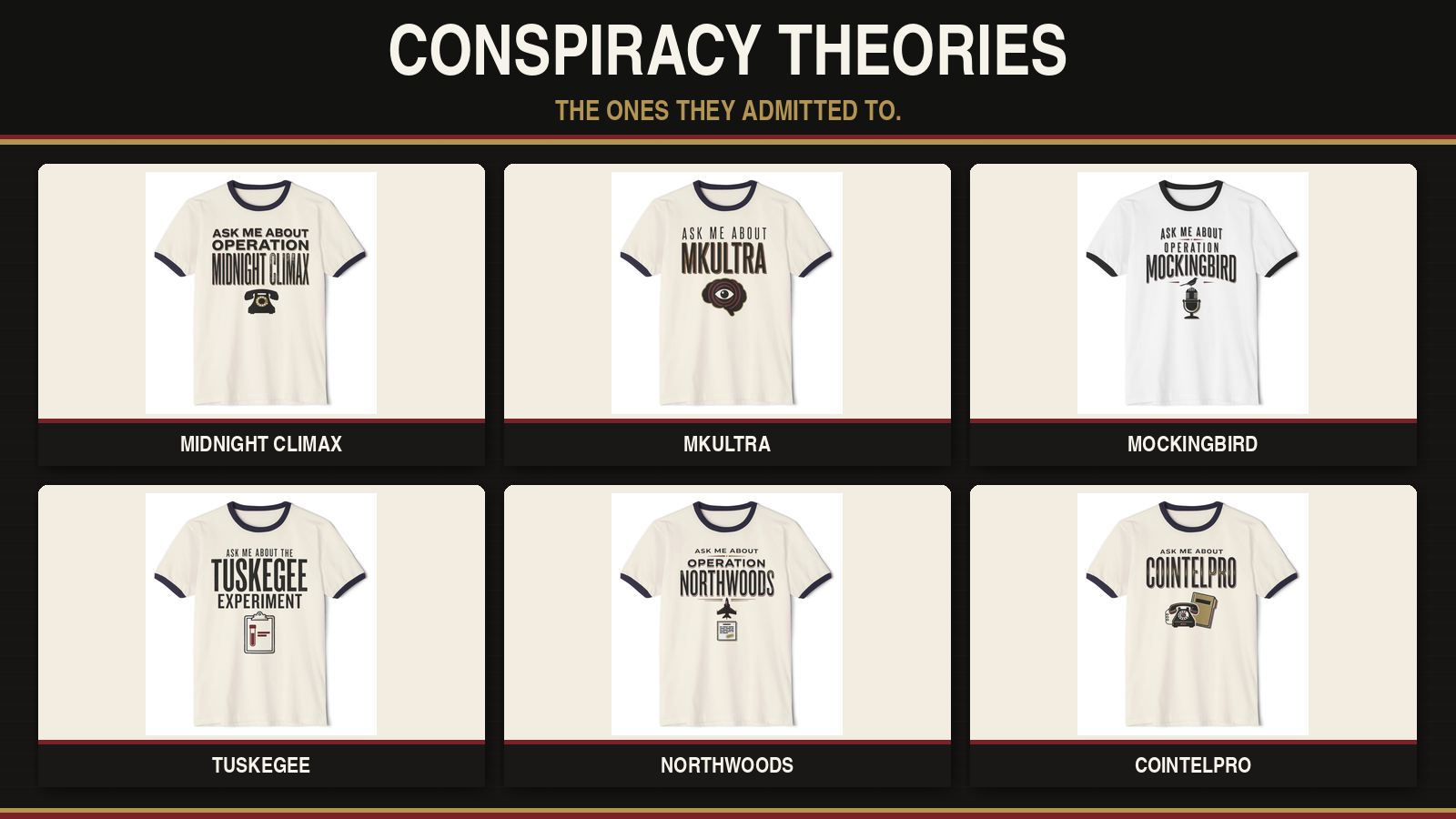 Conspiracy Theories collection featuring six government-program ringer T-shirts