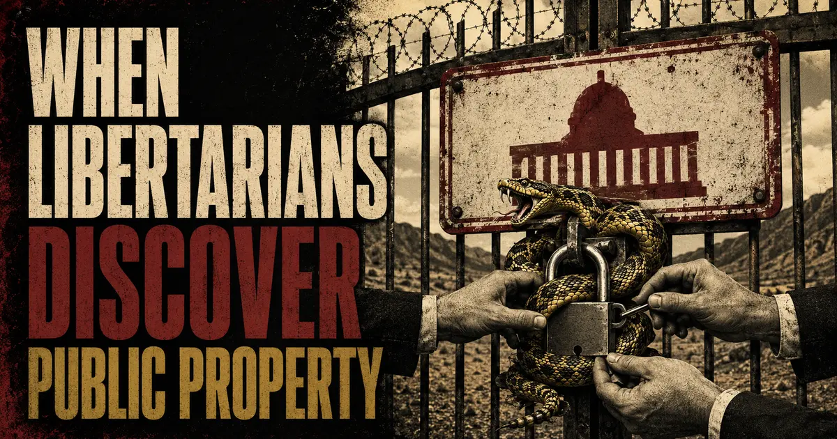 Liberty snake locked behind a government gate representing the public property contradiction
