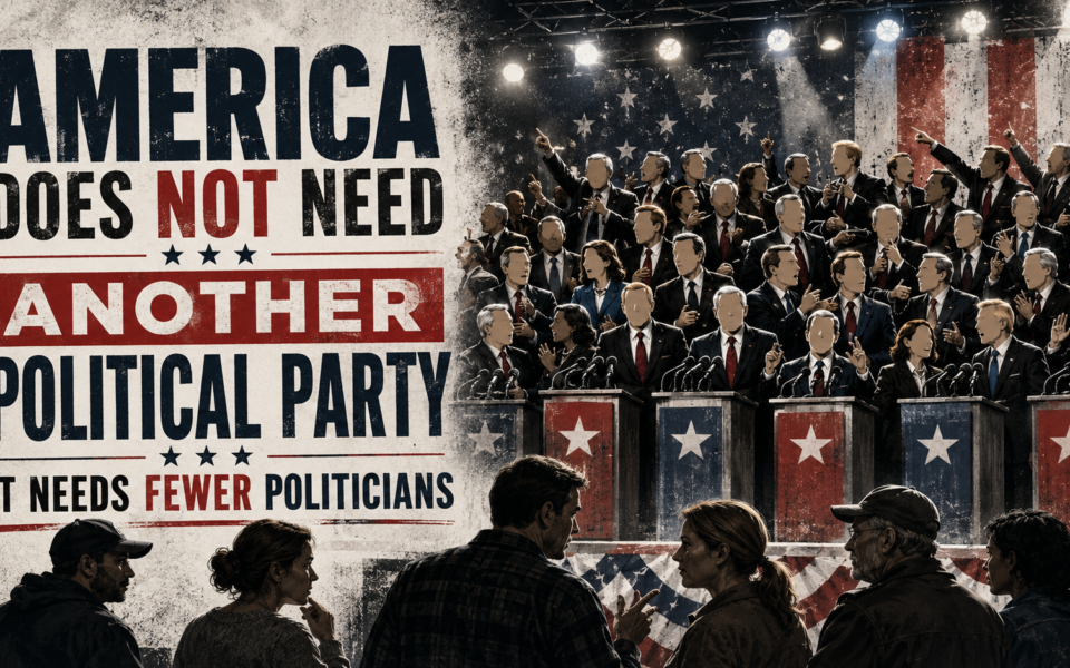 Vintage-poster graphic reading “America Does Not Need Another Political Party — It Needs Fewer Politicians” beside a crowded debate stage of suited candidates shouting from podiums under American flag bunting while ordinary working people watch from the floor.