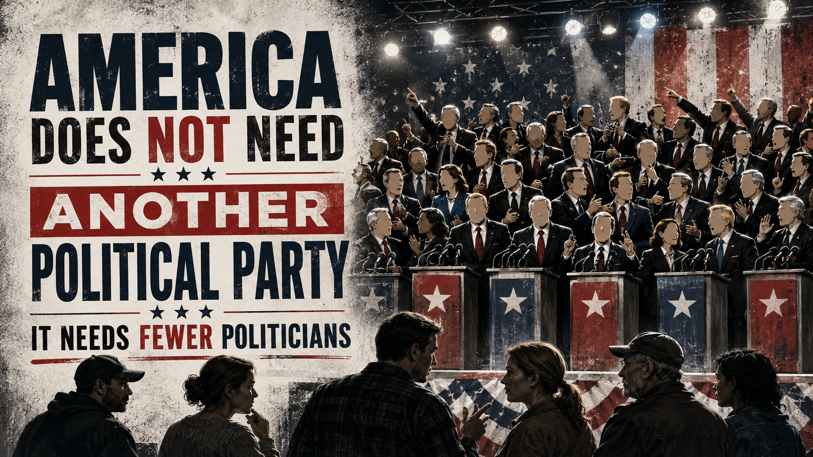 Vintage-poster graphic reading “America Does Not Need Another Political Party — It Needs Fewer Politicians” beside a crowded debate stage of suited candidates shouting from podiums under American flag bunting while ordinary working people watch from the floor.