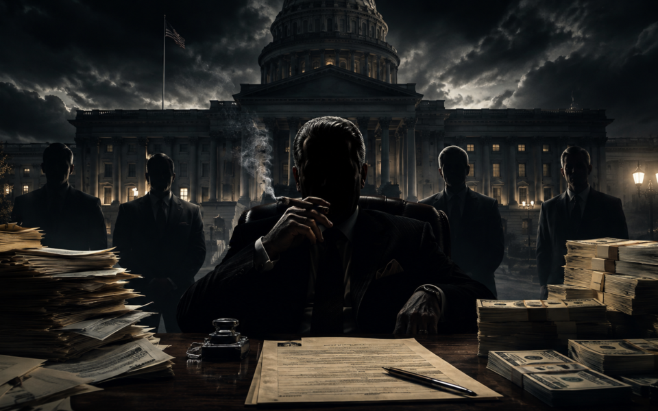 A shadowed man in a suit smoking a cigar sits behind a desk stacked with cash and papers, flanked by four silhouetted figures, in front of the U.S. Capitol under a stormy night sky.
