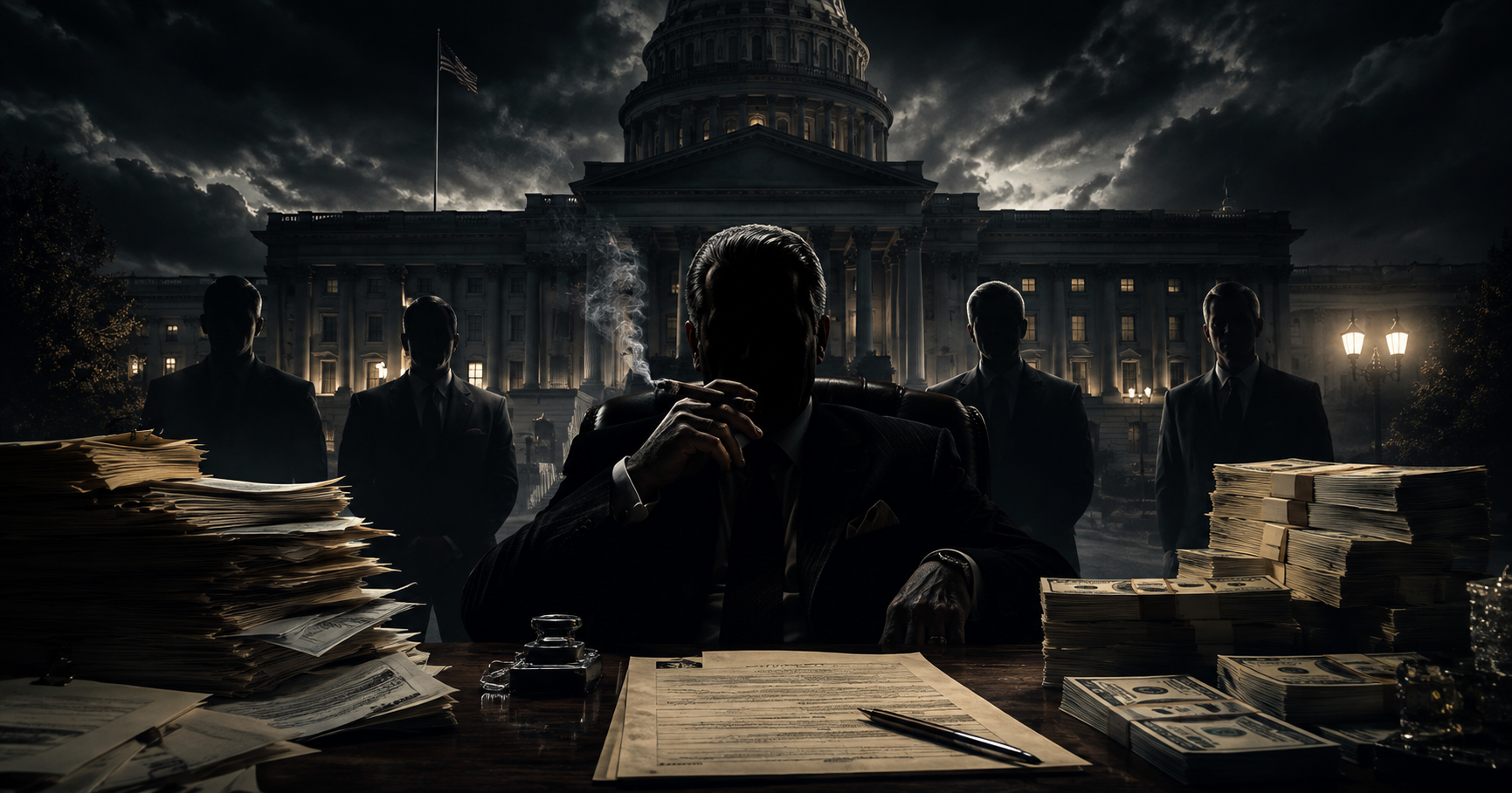 A shadowed man in a suit smoking a cigar sits behind a desk stacked with cash and papers, flanked by four silhouetted figures, in front of the U.S. Capitol under a stormy night sky.