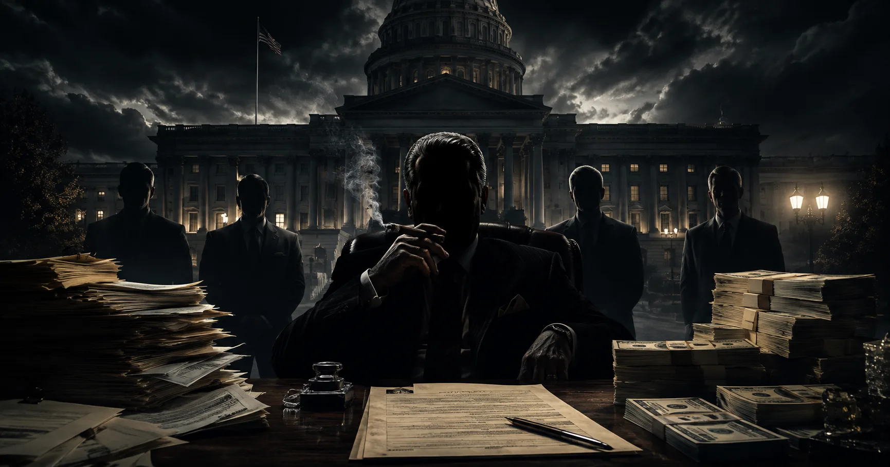 A shadowed man in a suit smoking a cigar sits behind a desk stacked with cash and papers, flanked by four silhouetted figures, in front of the U.S. Capitol under a stormy night sky.