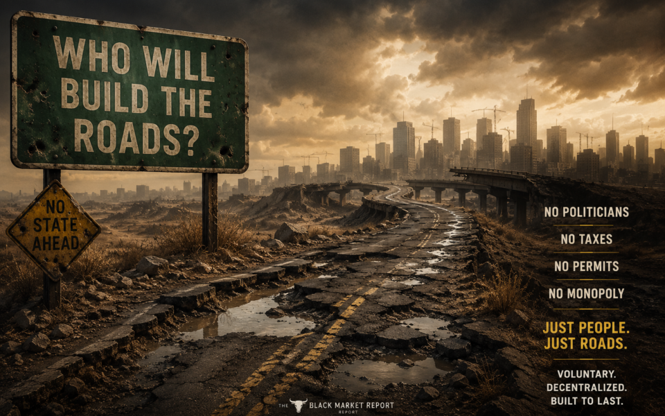 A broken highway leading toward a city beneath a sign asking “Who Will Build the Roads?” with voluntary and decentralized road-building messaging.
