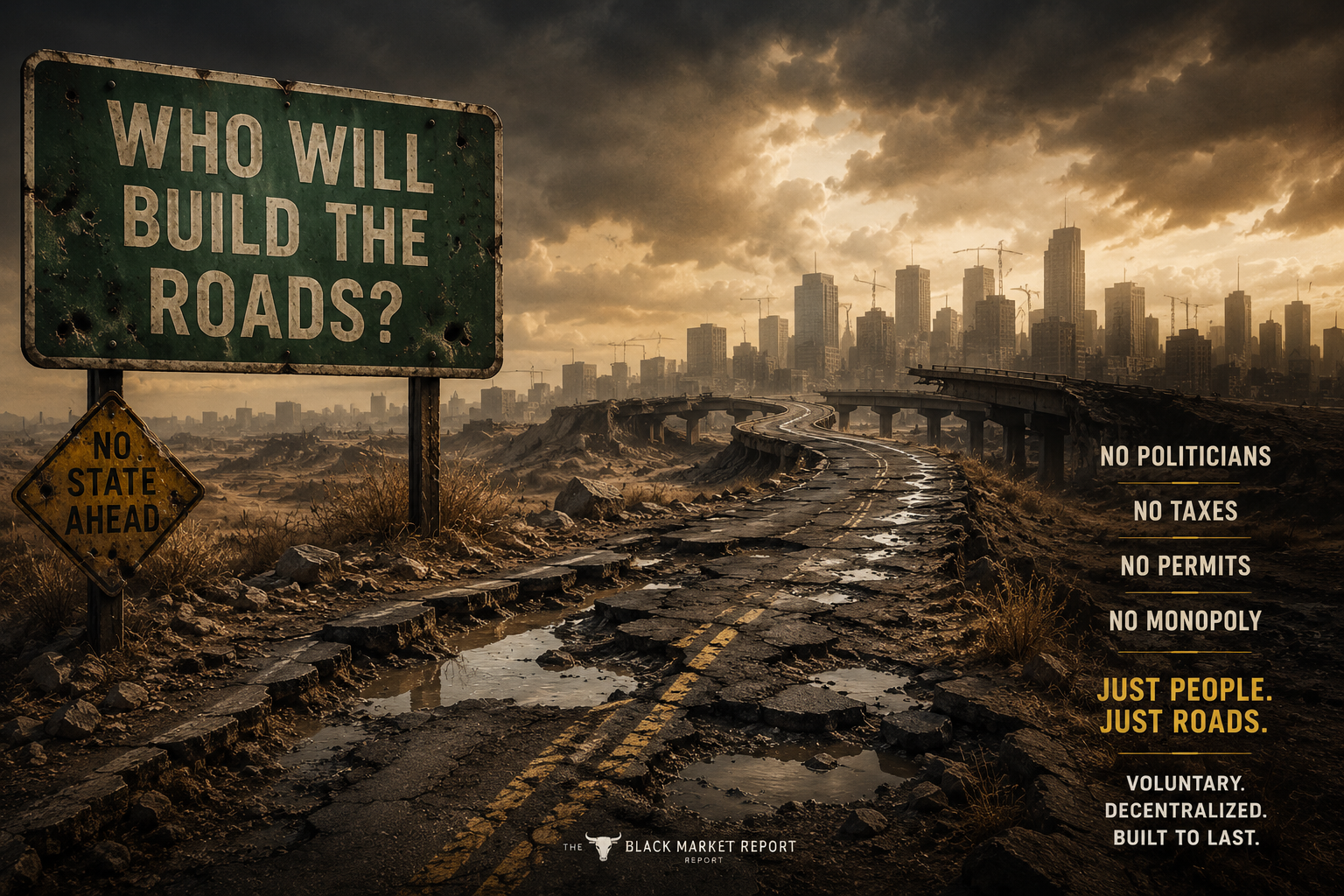 A broken highway leading toward a city beneath a sign asking “Who Will Build the Roads?” with voluntary and decentralized road-building messaging.