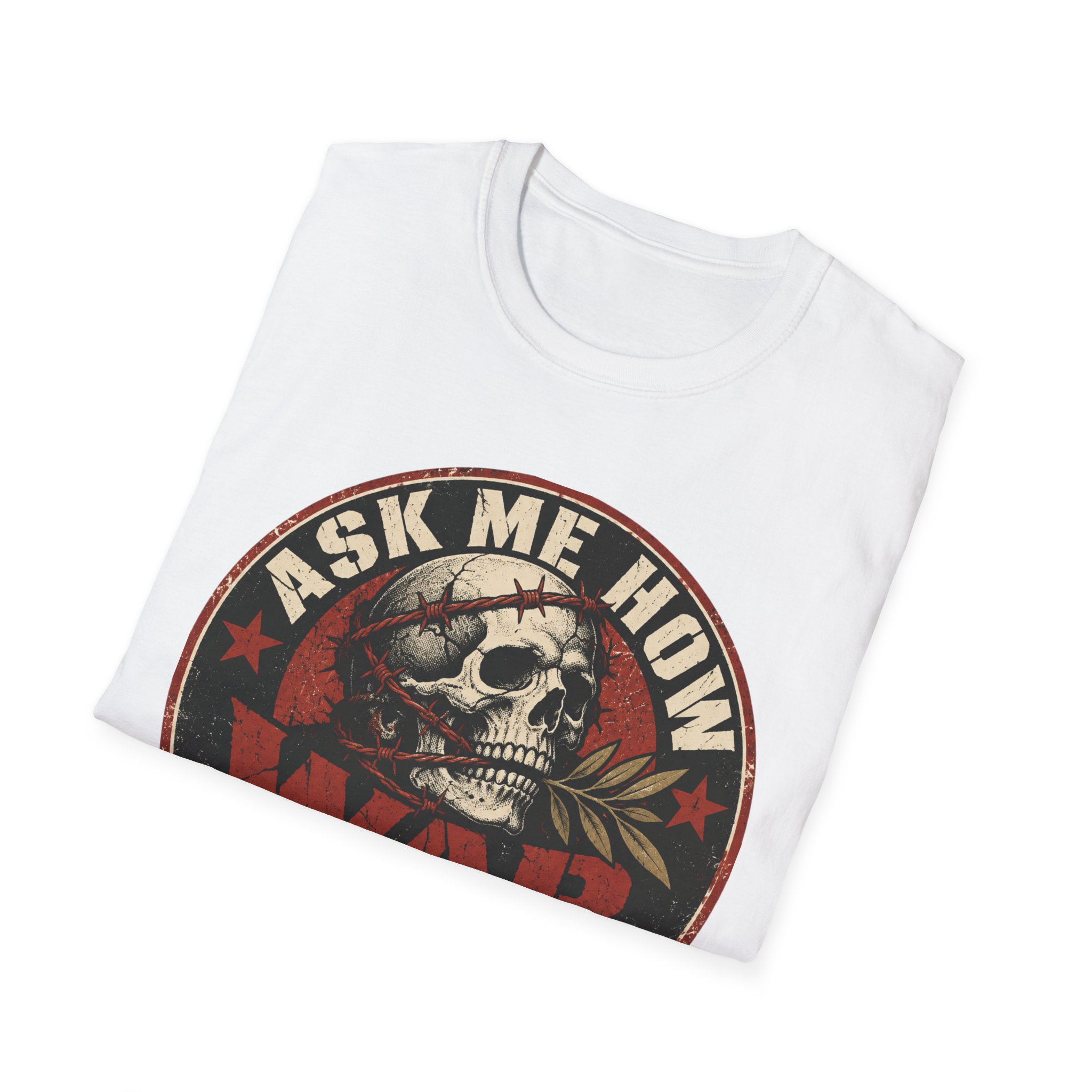 Folded Ask Me How War Is the Health of the State skull tee in White showing the badge print up close.