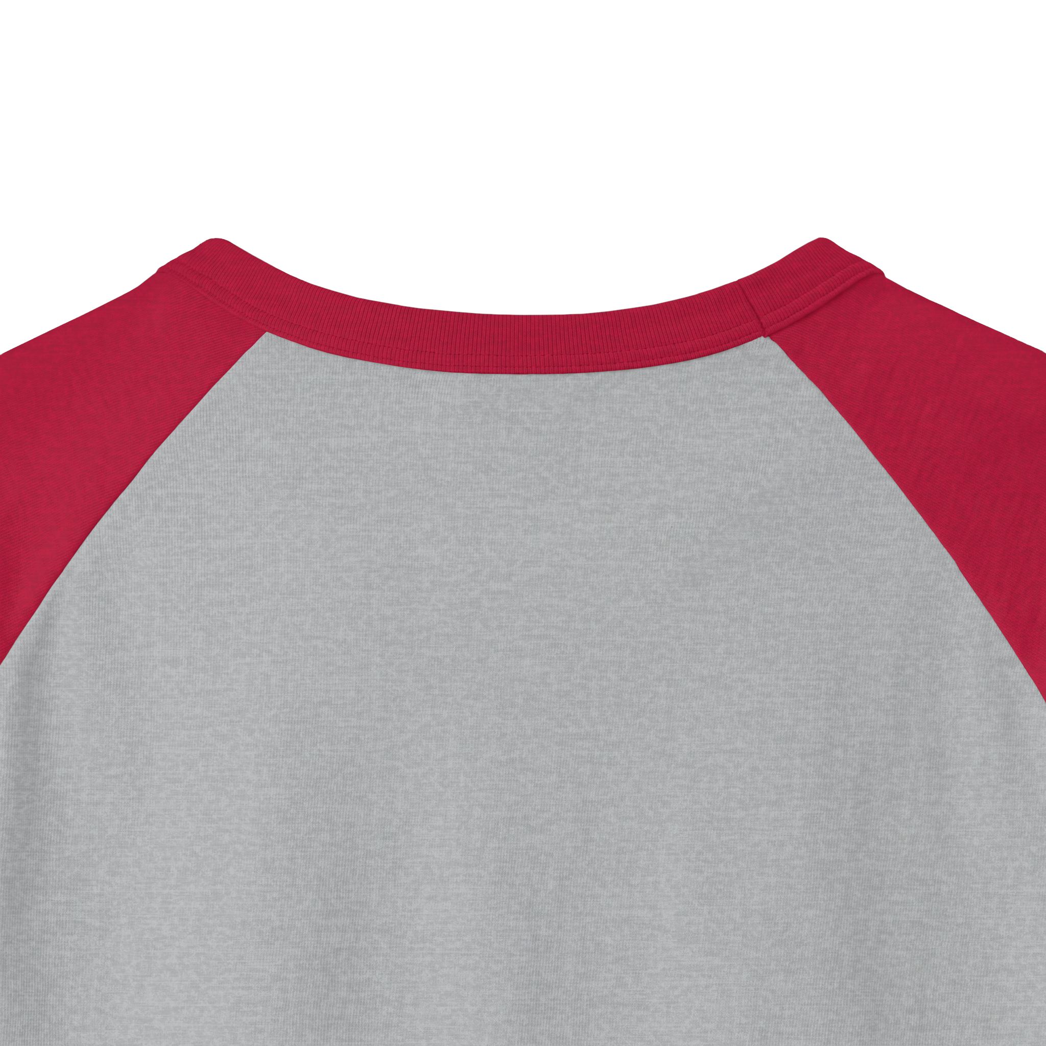Back neckline close-up of the Ask Me How War Is the Health of the State raglan in Heather Grey with Heather Red sleeves.