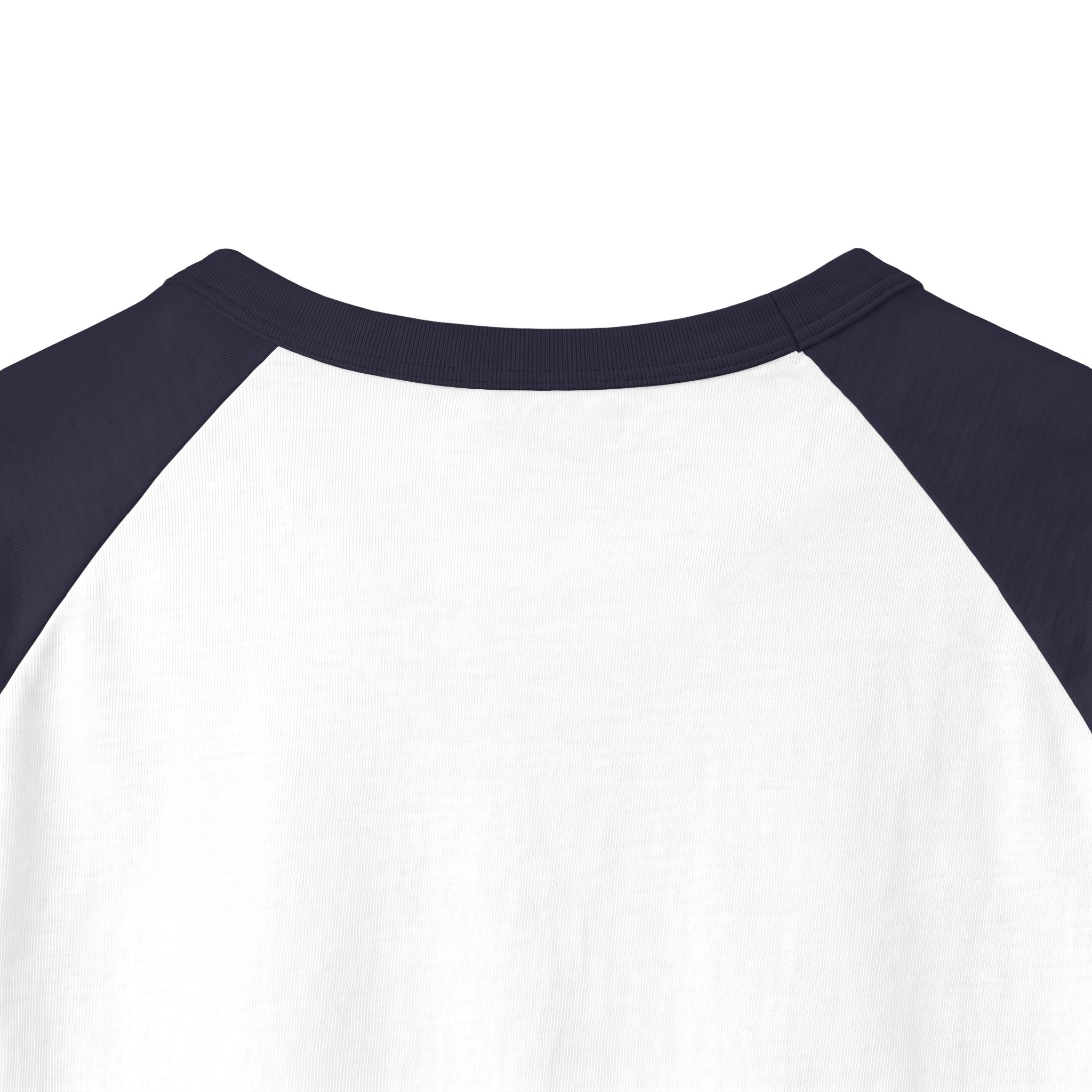 Back neckline close-up of the Ask Me How War Is the Health of the State raglan in White with Navy sleeves.