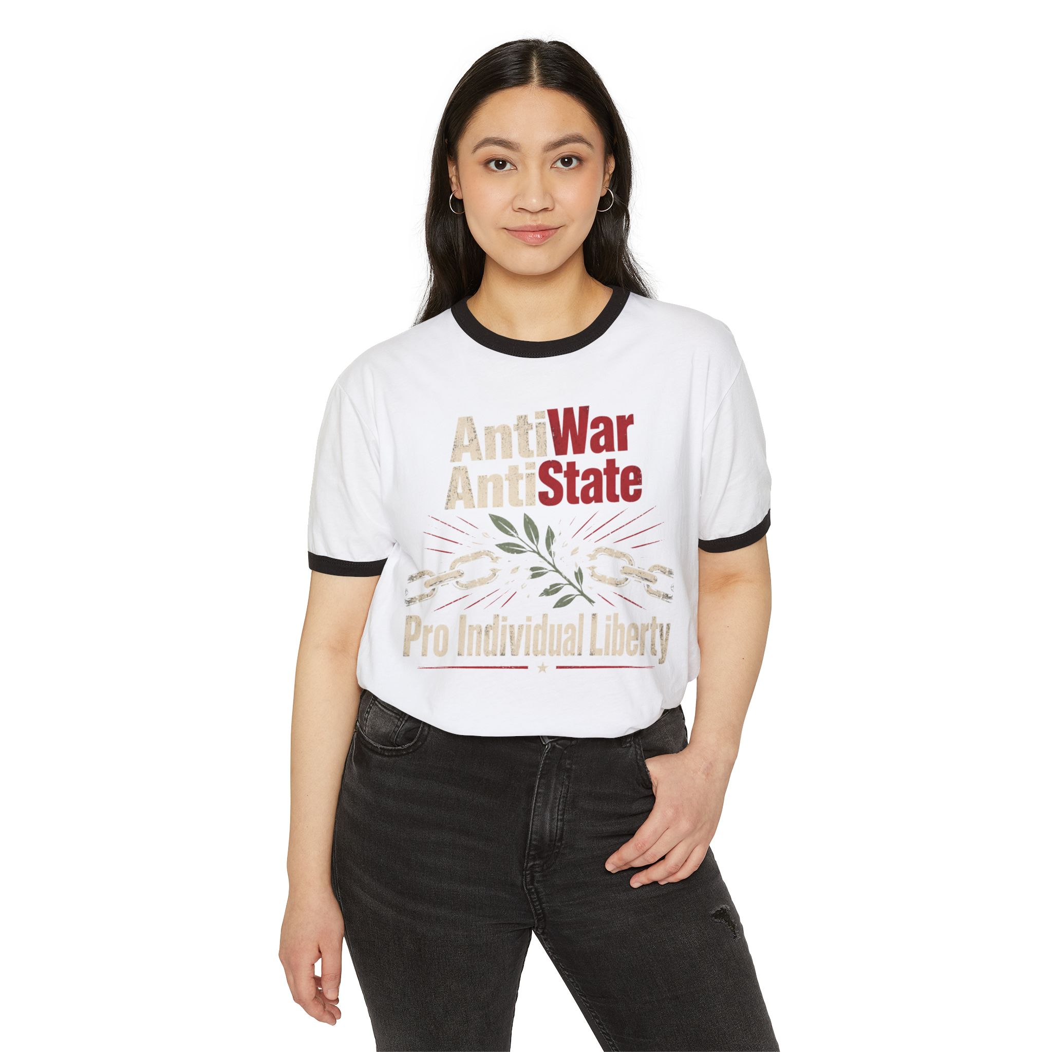 Model wearing the Anti War Anti State Pro Individual Liberty ringer tee in White with Black trim, front view.