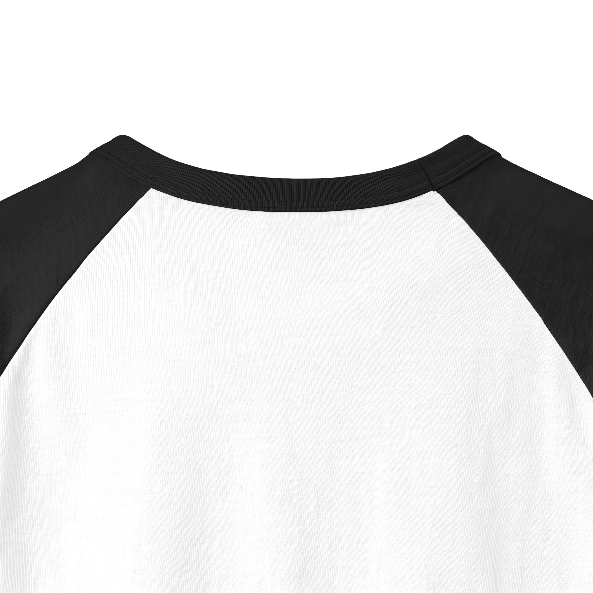 Back neckline close-up of the Ask Me How War Is the Health of the State raglan in White with Black sleeves.