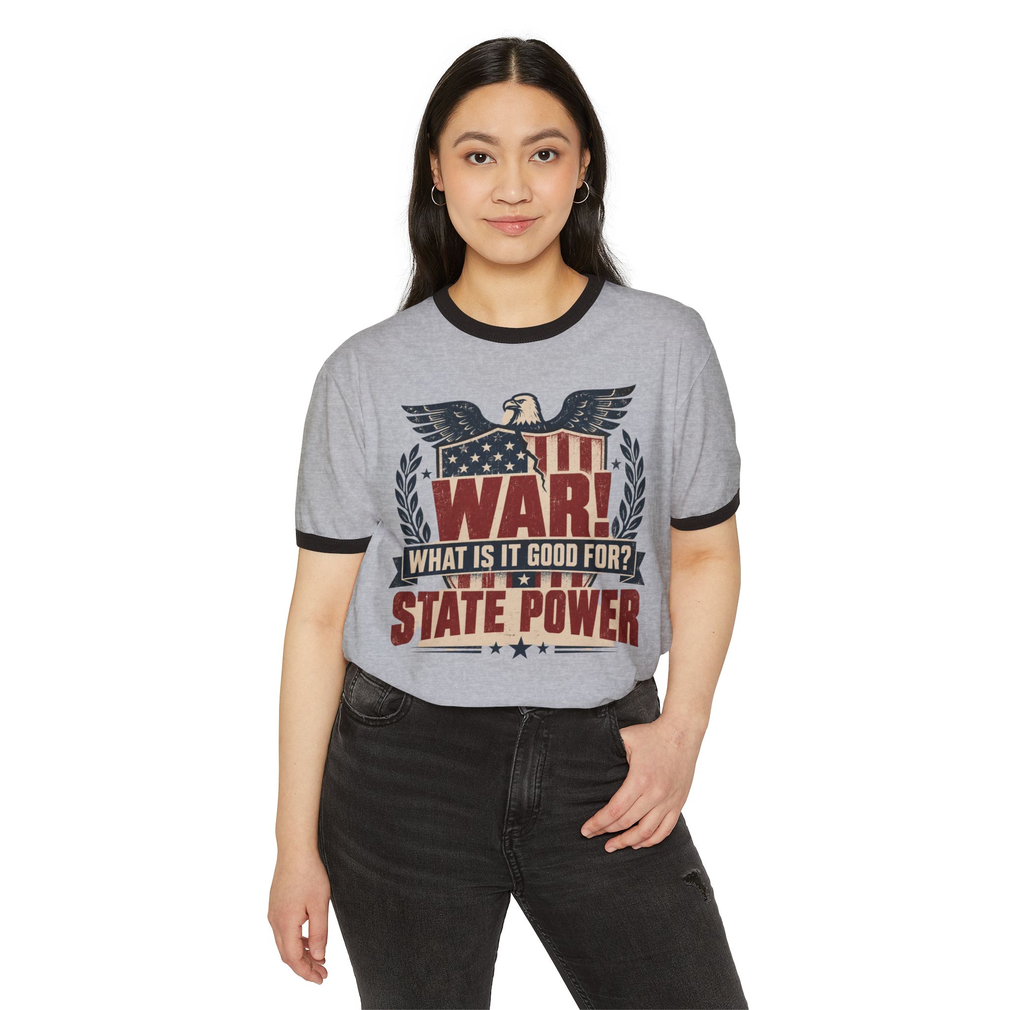 Model wearing the War! What Is It Good For? State Power ringer tee in Heather Grey with Black trim, front view.