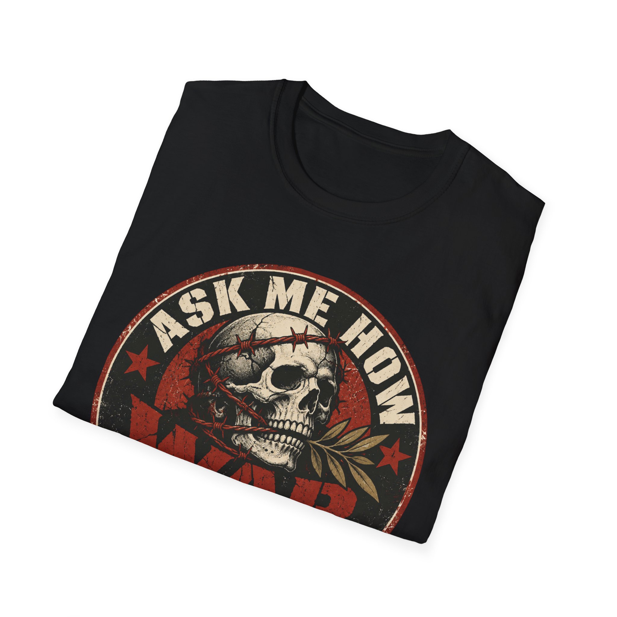 Folded Ask Me How War Is the Health of the State skull tee in Black showing the badge print up close.