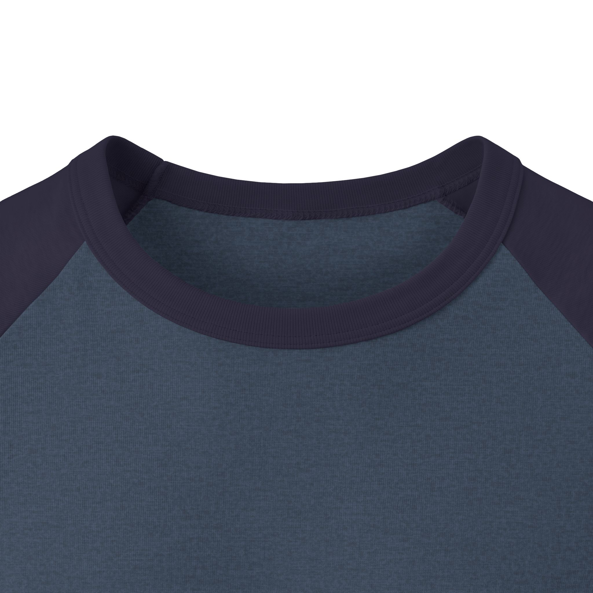 Front neckline close-up of the Ask Me How War Is the Health of the State raglan in Heather Denim with Navy sleeves.