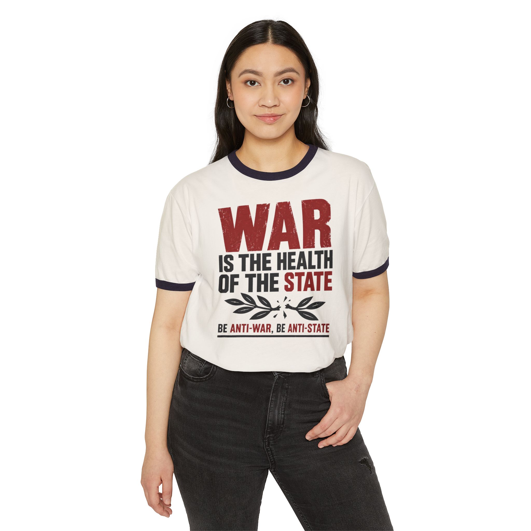 Model wearing the War Is the Health of the State ringer tee in Natural with Midnight Navy trim, front view.