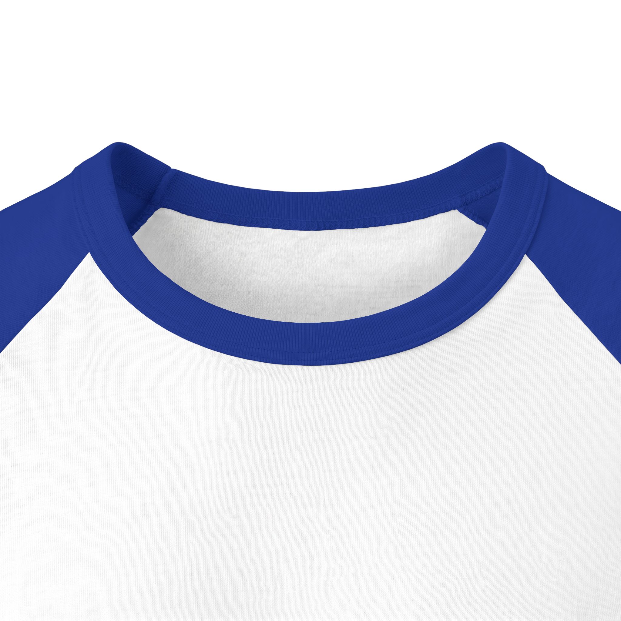 Front neckline close-up of the Ask Me How War Is the Health of the State raglan in White with Royal sleeves.