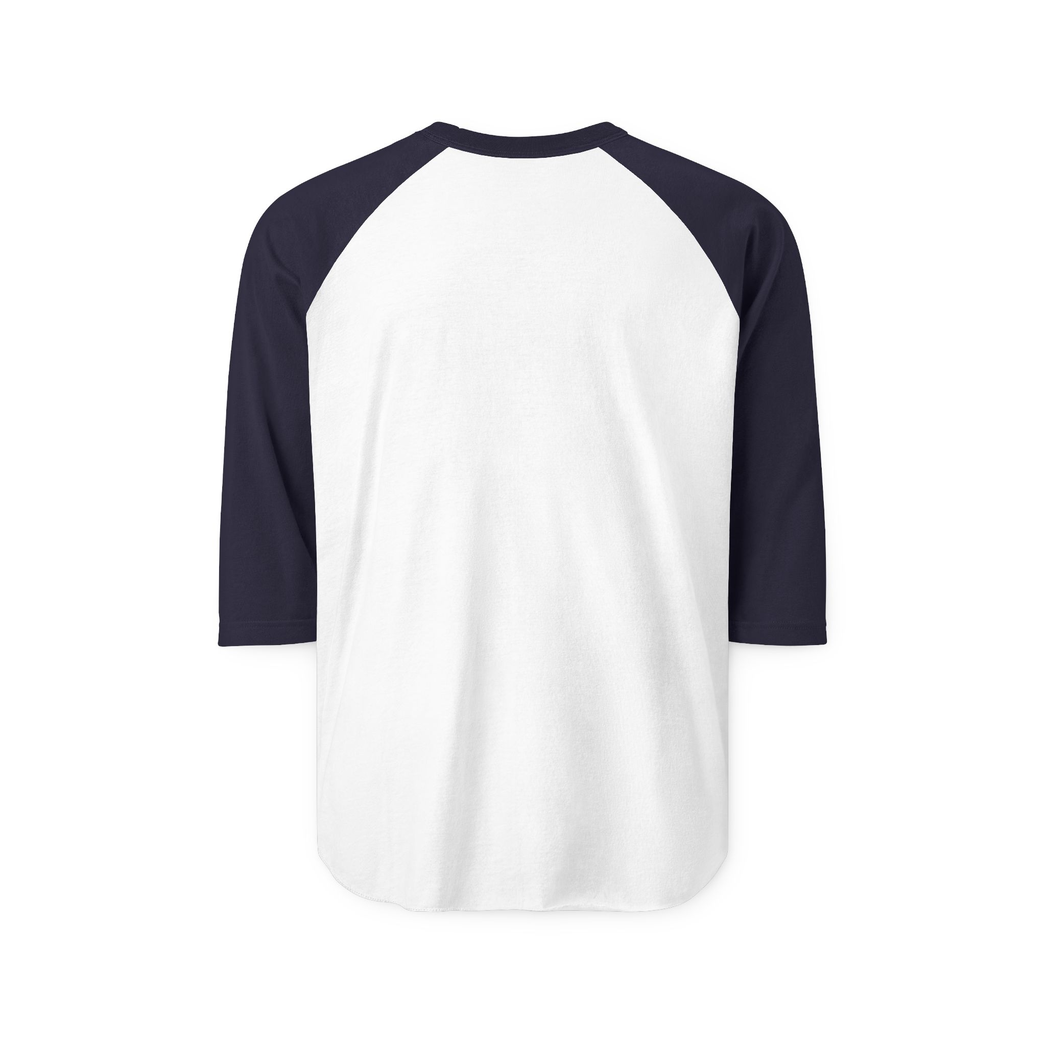 Ask Me How War Is the Health of the State raglan in White with Navy sleeves, plain back.