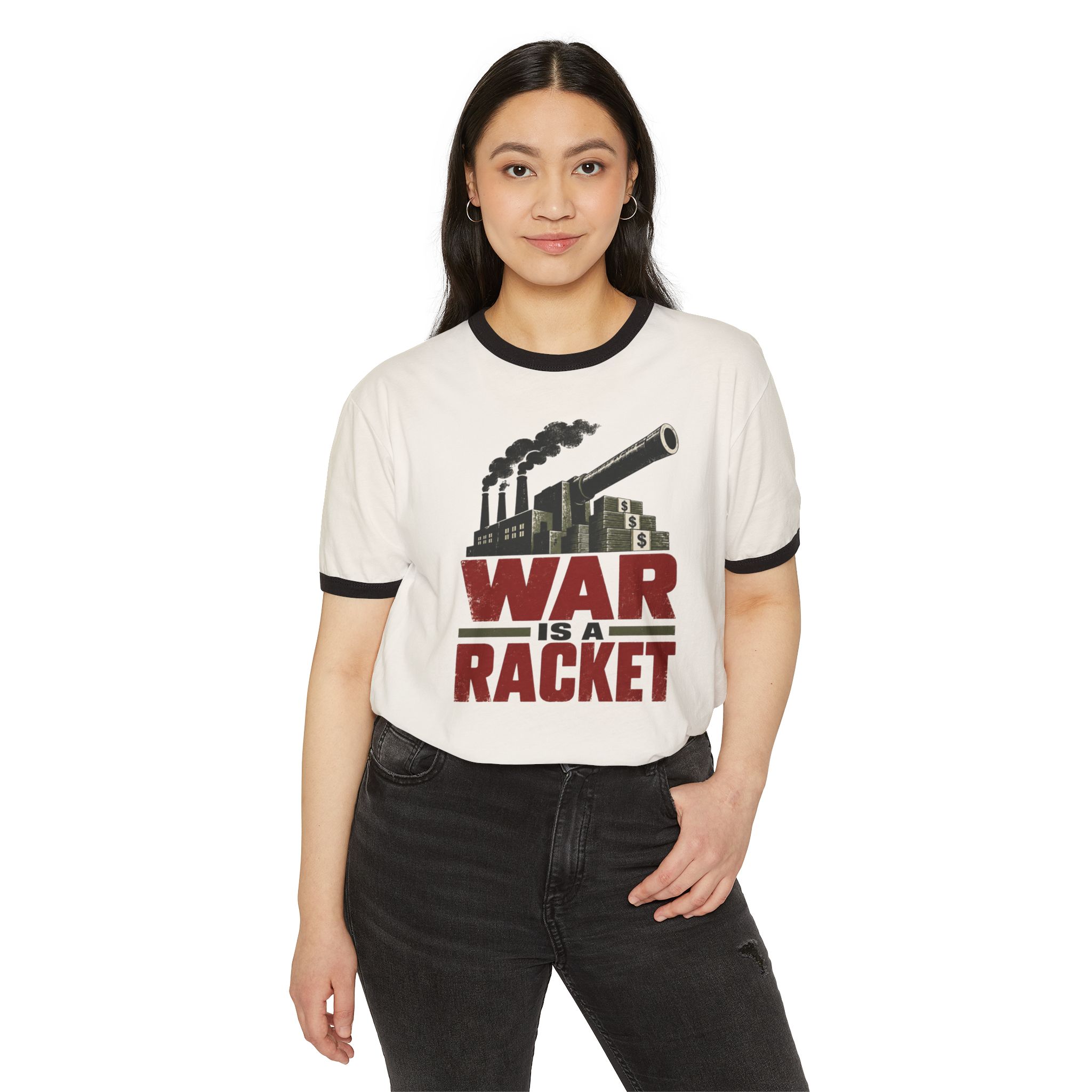 Model wearing the War Is a Racket ringer tee in Natural with Black trim, front view.