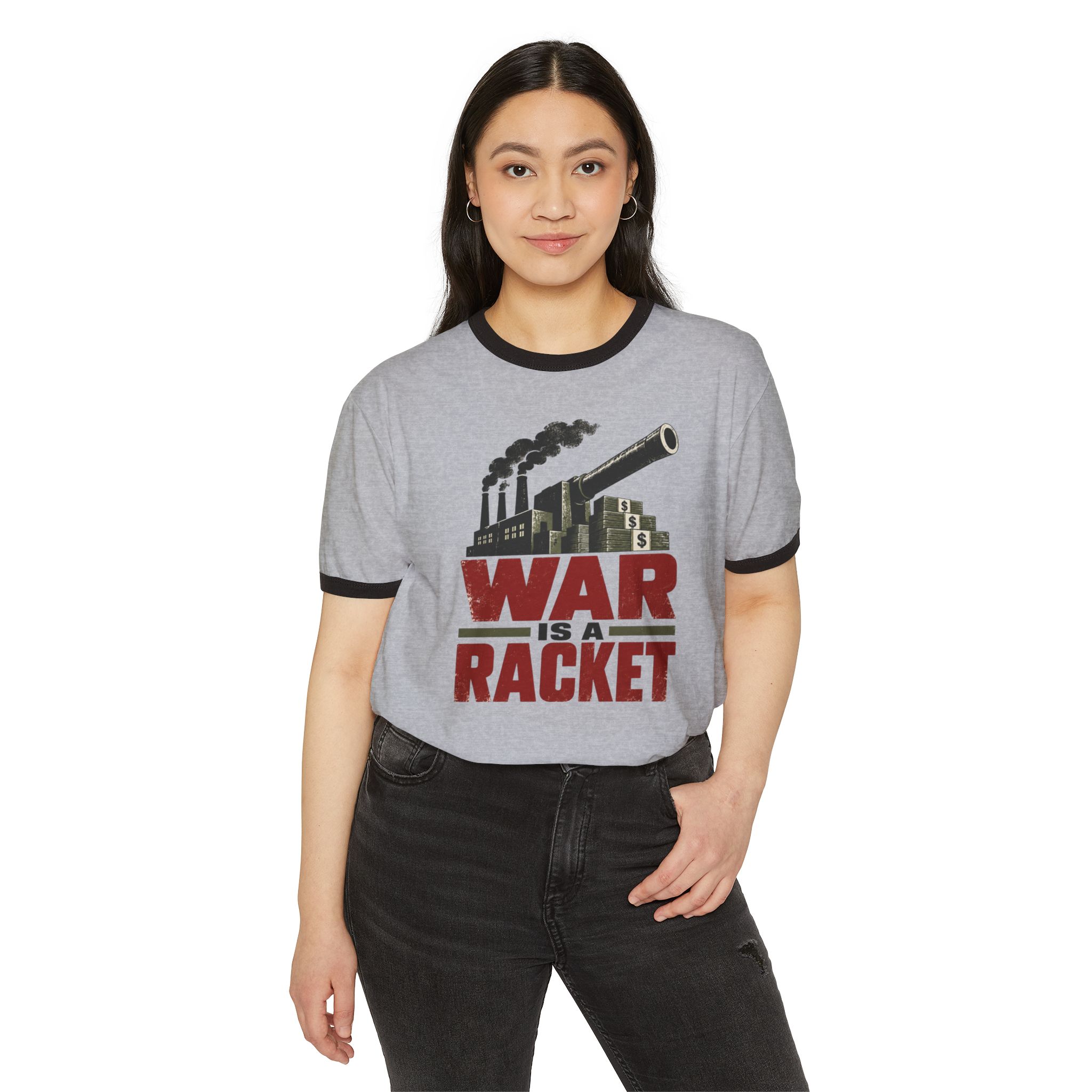 Model wearing the War Is a Racket ringer tee in Heather Grey with Black trim, front view.